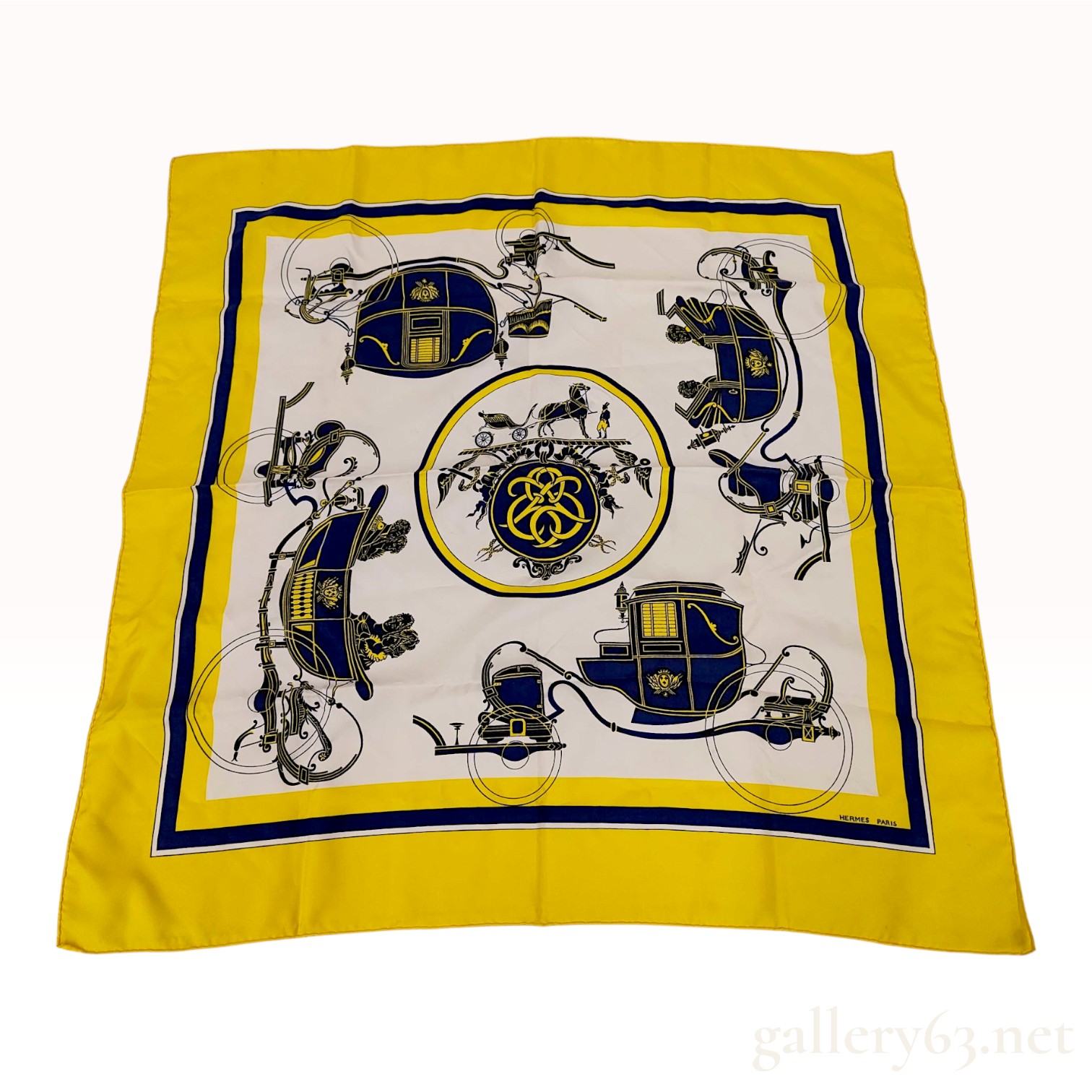 Hermes Ex-Libris Pattern Silk Scarf in Yellow and Navy Blue
