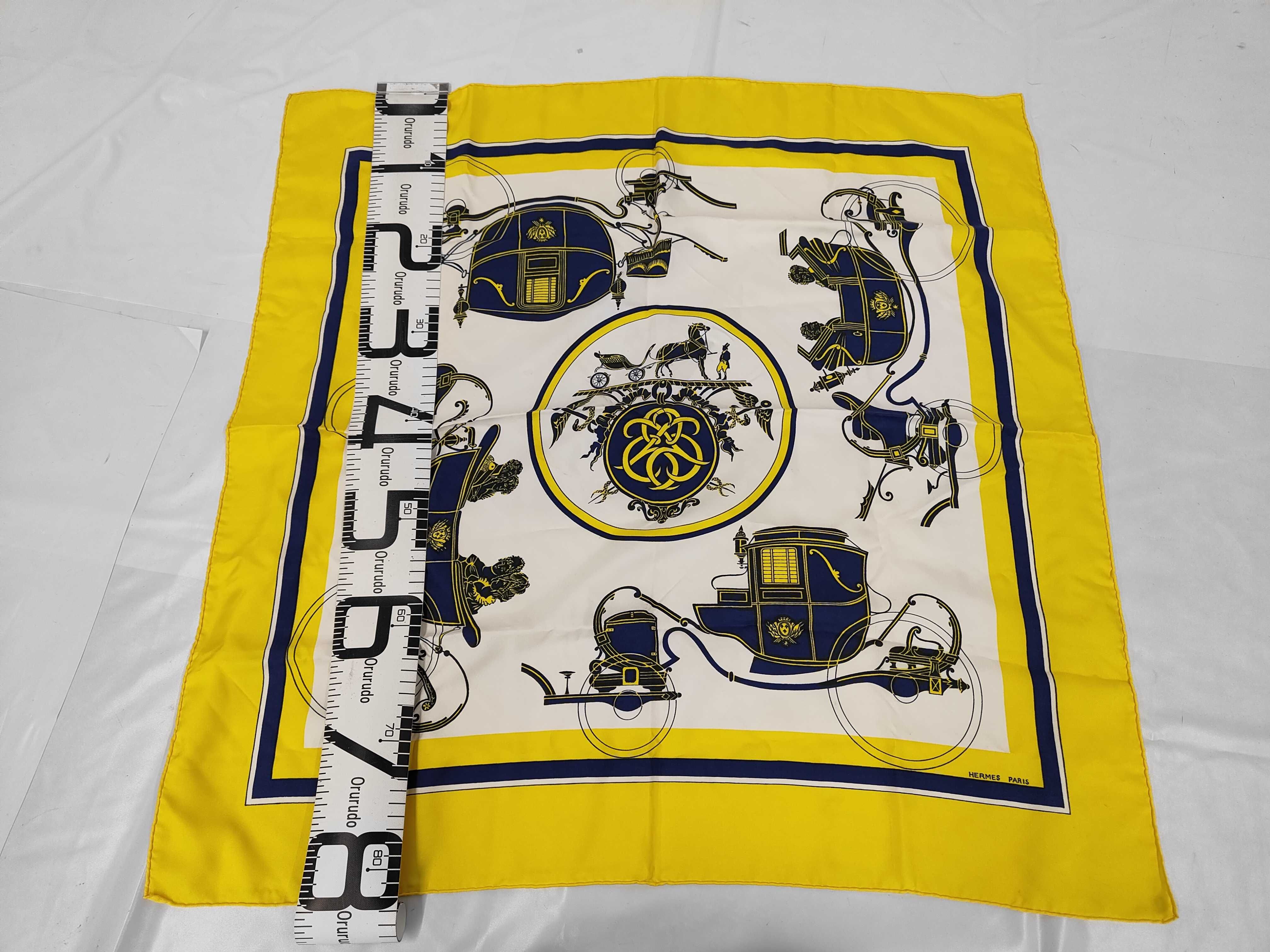 Hermes Ex-Libris Pattern Silk Scarf in Yellow and Navy Blue