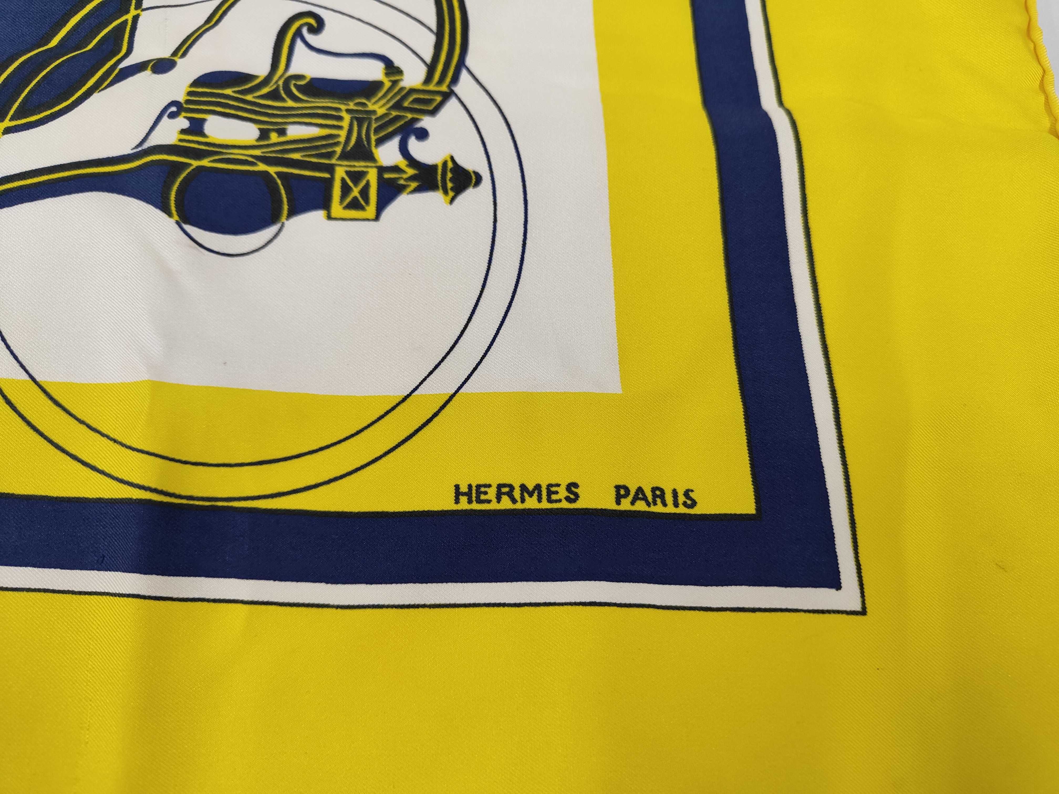 Hermes Ex-Libris Pattern Silk Scarf in Yellow and Navy Blue