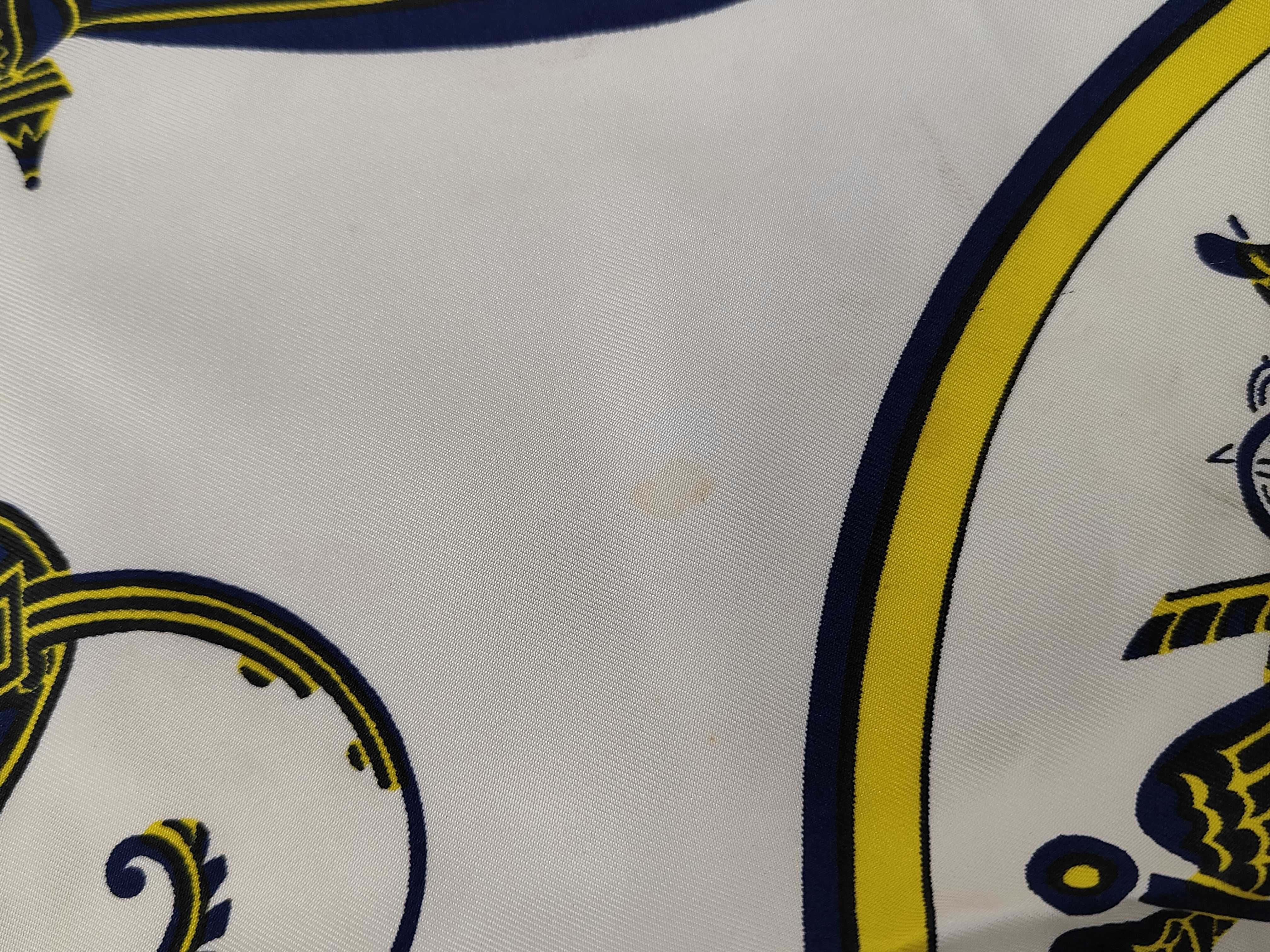 Hermes Ex-Libris Pattern Silk Scarf in Yellow and Navy Blue
