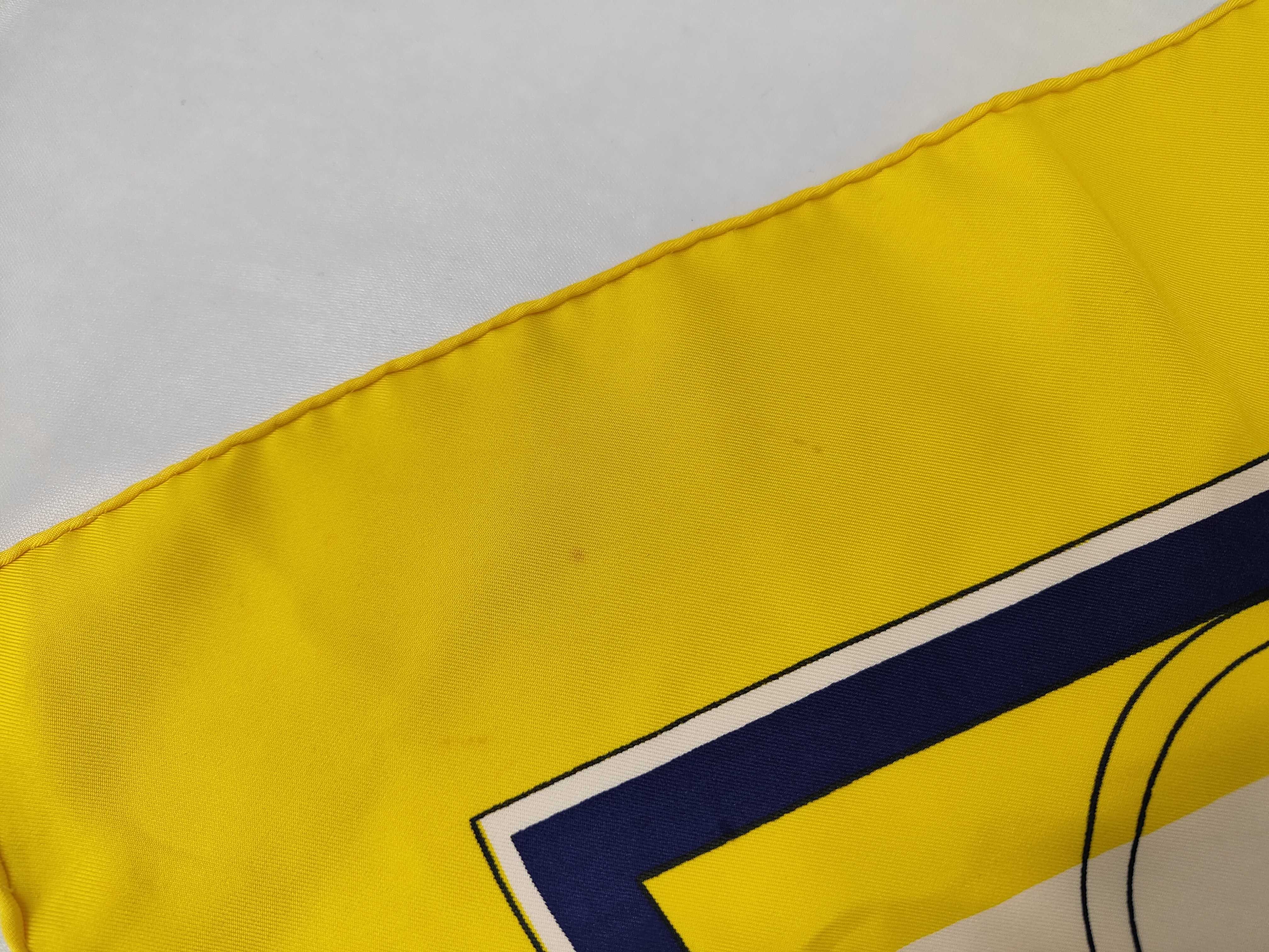 Hermes Ex-Libris Pattern Silk Scarf in Yellow and Navy Blue