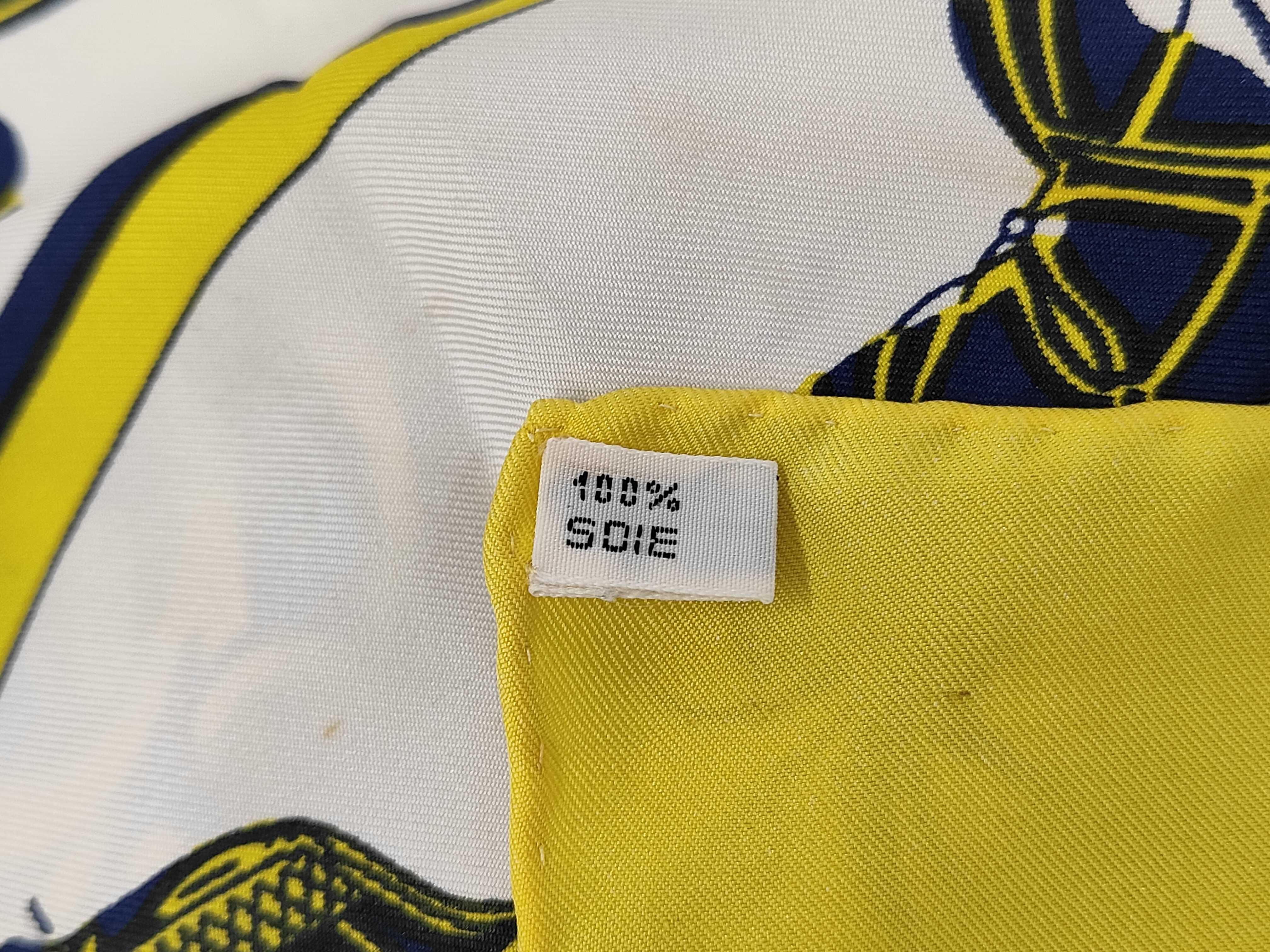 Hermes Ex-Libris Pattern Silk Scarf in Yellow and Navy Blue
