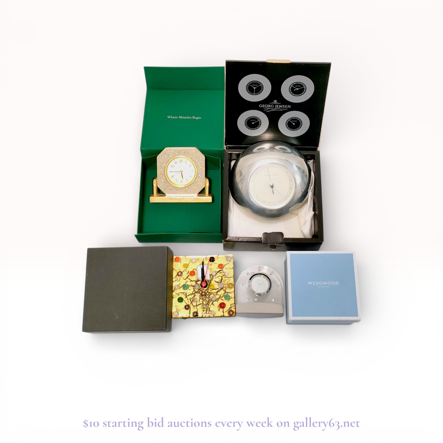 Mikimoto, Georg Jensen, and Wedgwood Group of Desk Clocks and Barometer