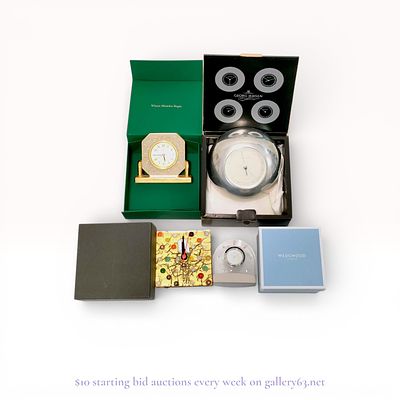 Mikimoto, Georg Jensen, and Wedgwood Group of Desk Clocks and Barometer. This collection 