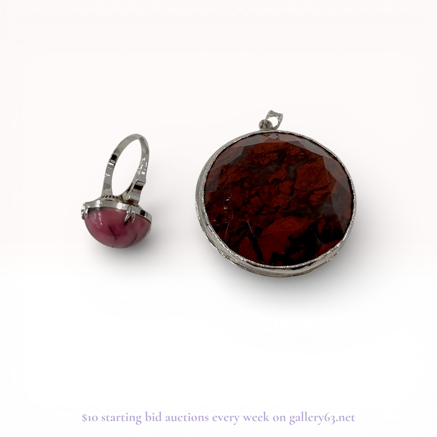 Silver Rhodonite Cocktail Ring and Faceted Garnet Pendant