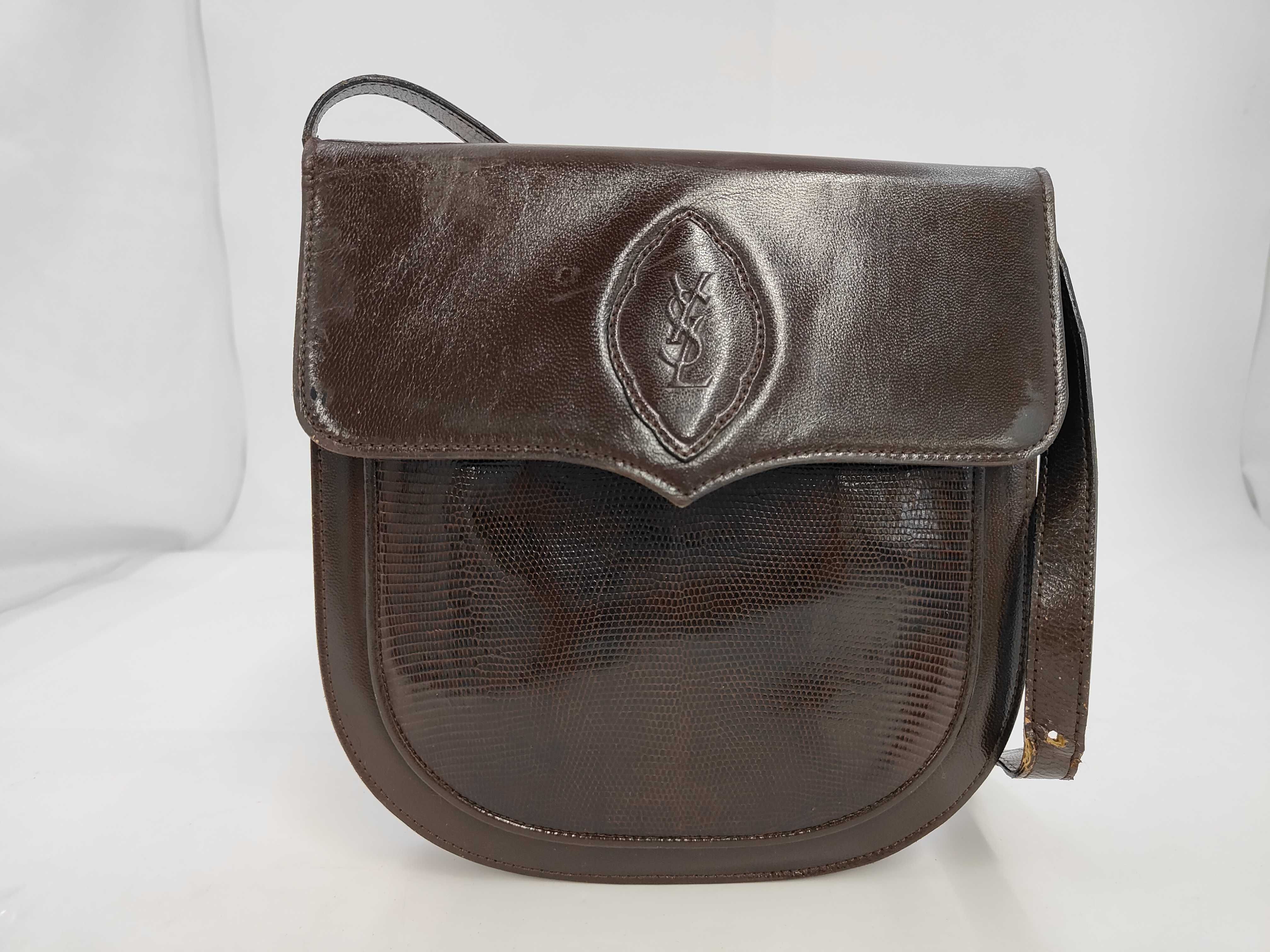 Yves Saint Laurent Vintage Dark Brown Leather and Genuine Lizard Skin Leather Shoulder Bag