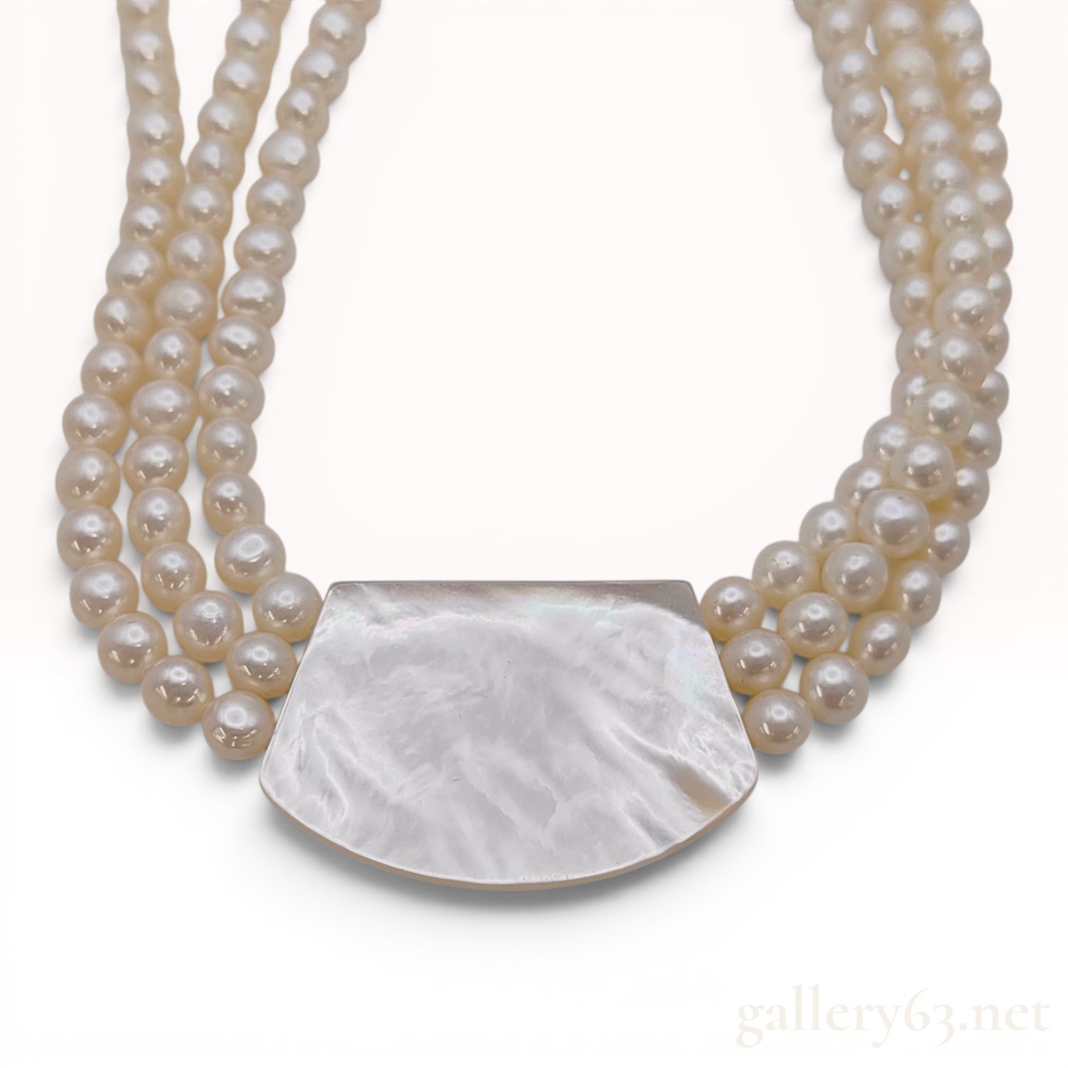 Triple-Strand Freshwater Pearl Necklace with Mother-of-Pearl Centerpiece