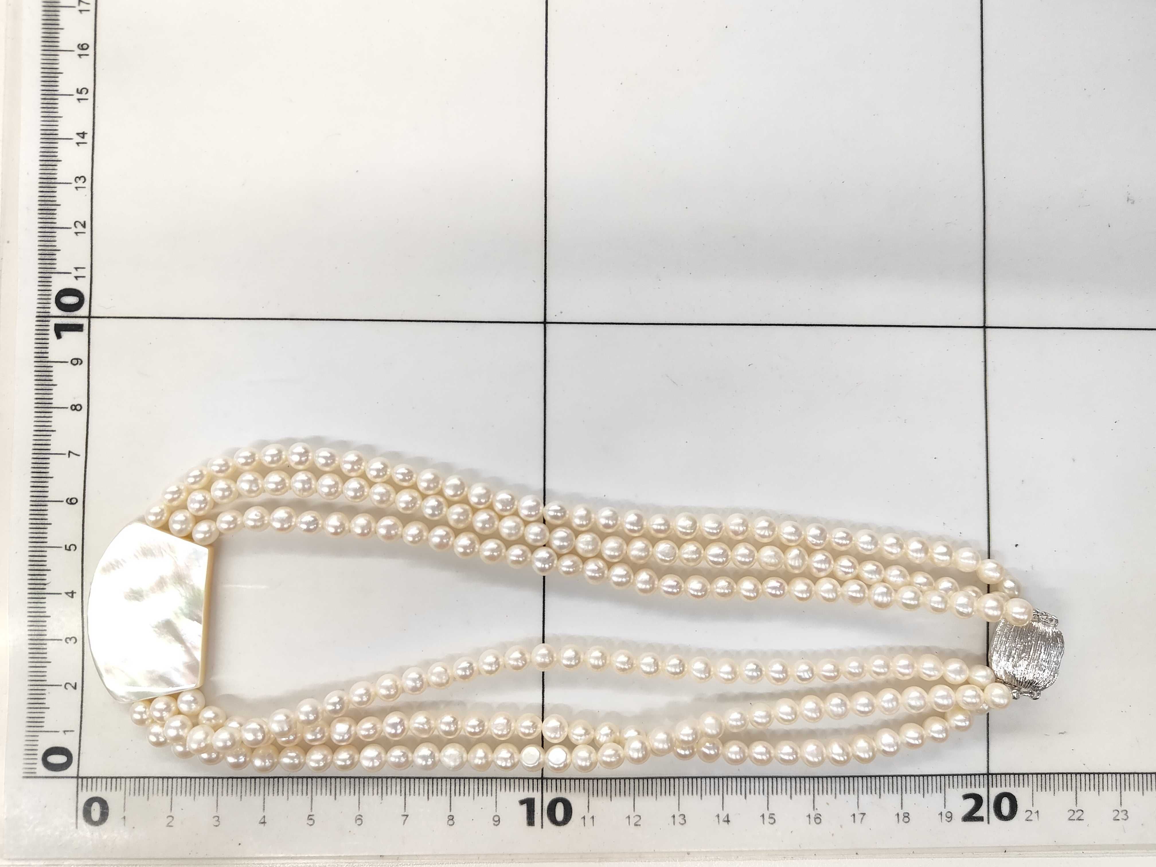 Triple-Strand Freshwater Pearl Necklace with Mother-of-Pearl Centerpiece