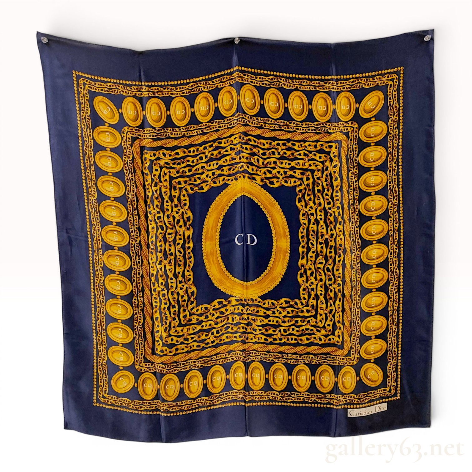 Christian Dior Navy Silk Scarf with Gold Chain and Medallion Motif