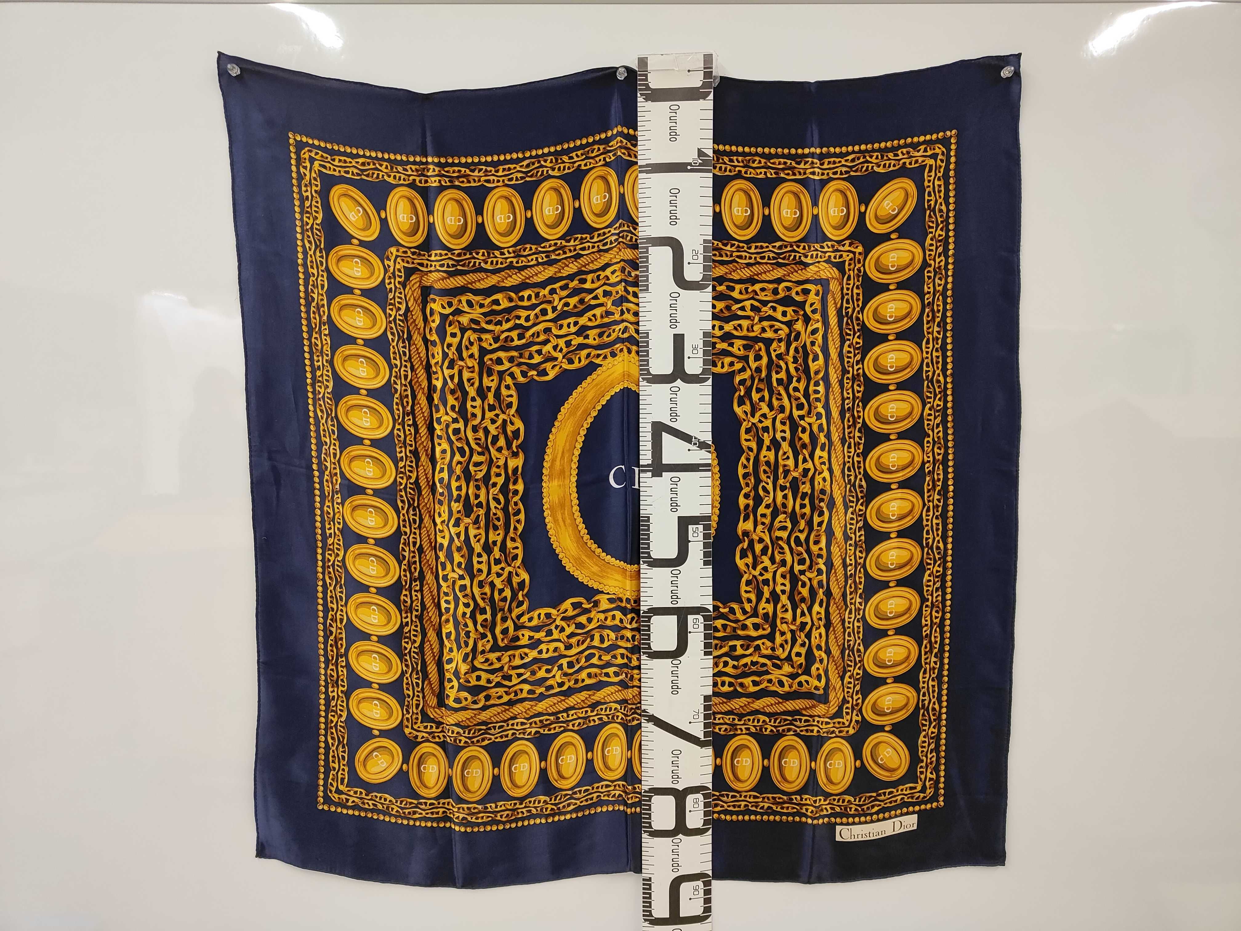 Christian Dior Navy Silk Scarf with Gold Chain and Medallion Motif