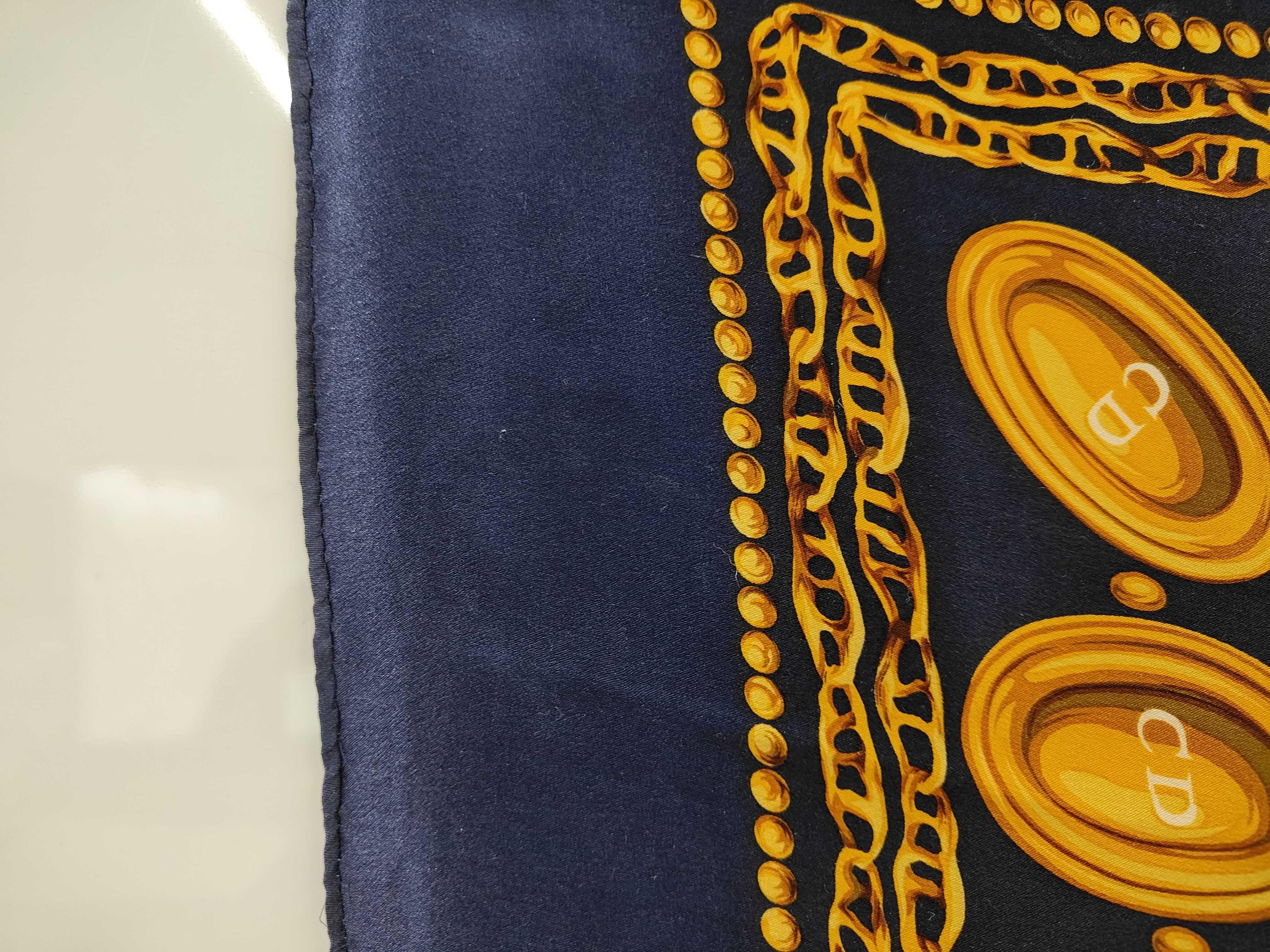 Christian Dior Navy Silk Scarf with Gold Chain and Medallion Motif