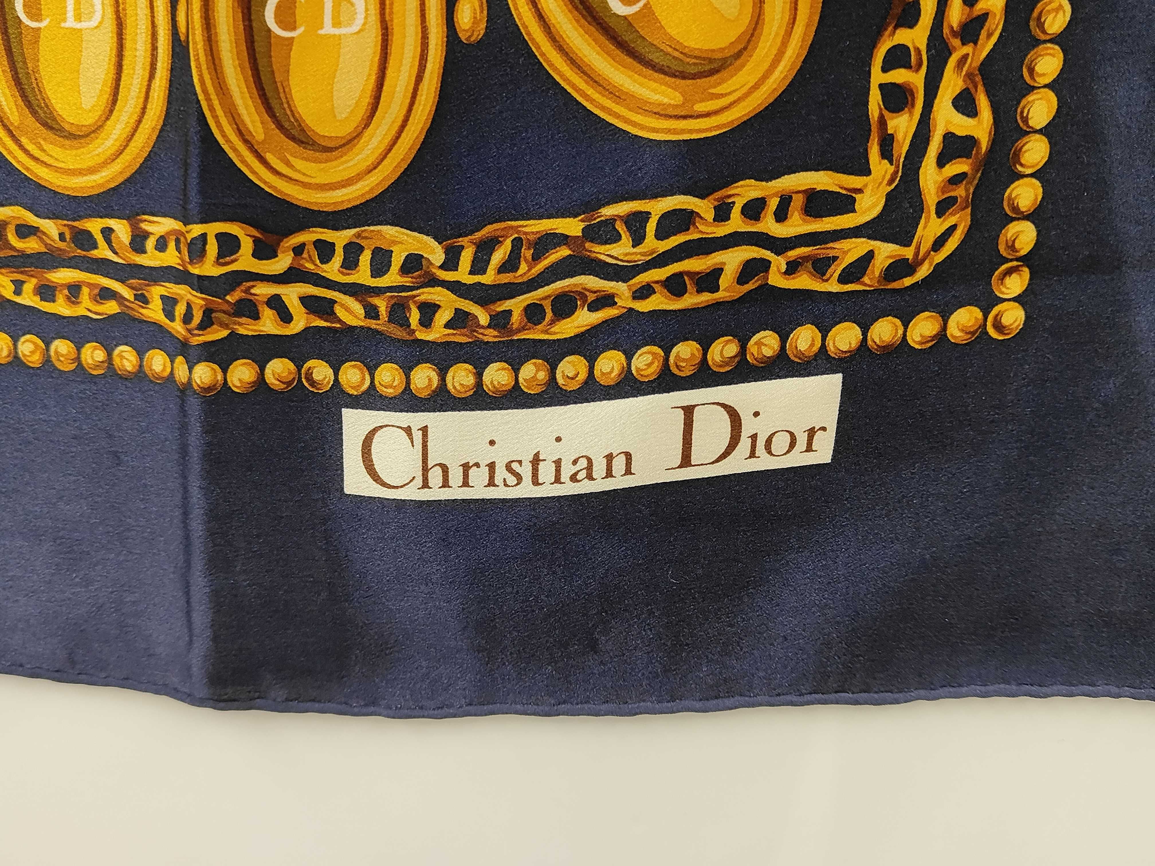 Christian Dior Navy Silk Scarf with Gold Chain and Medallion Motif
