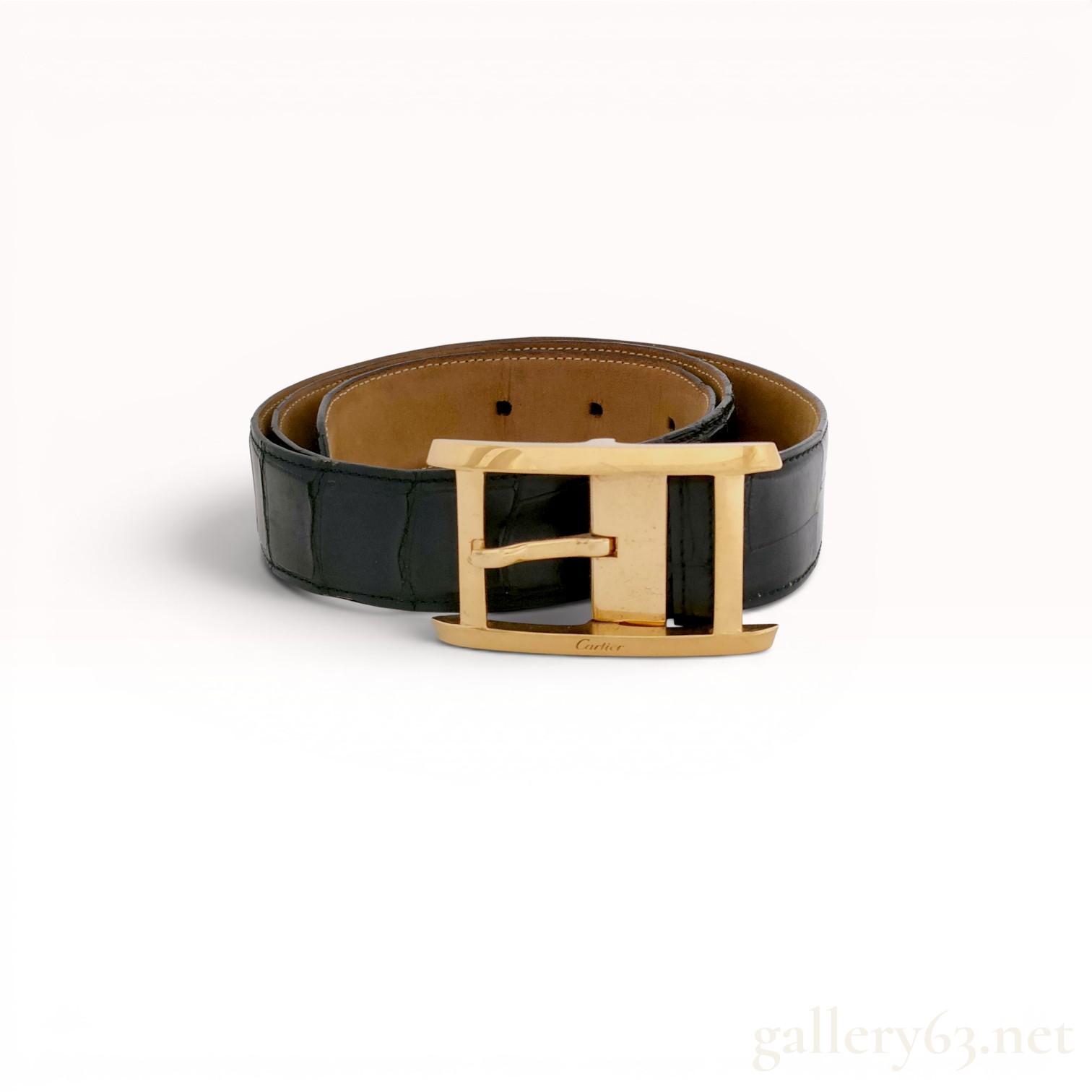 Cartier Black Glazed Exotic Leather Waist Belt with Gold-Toned Hardware