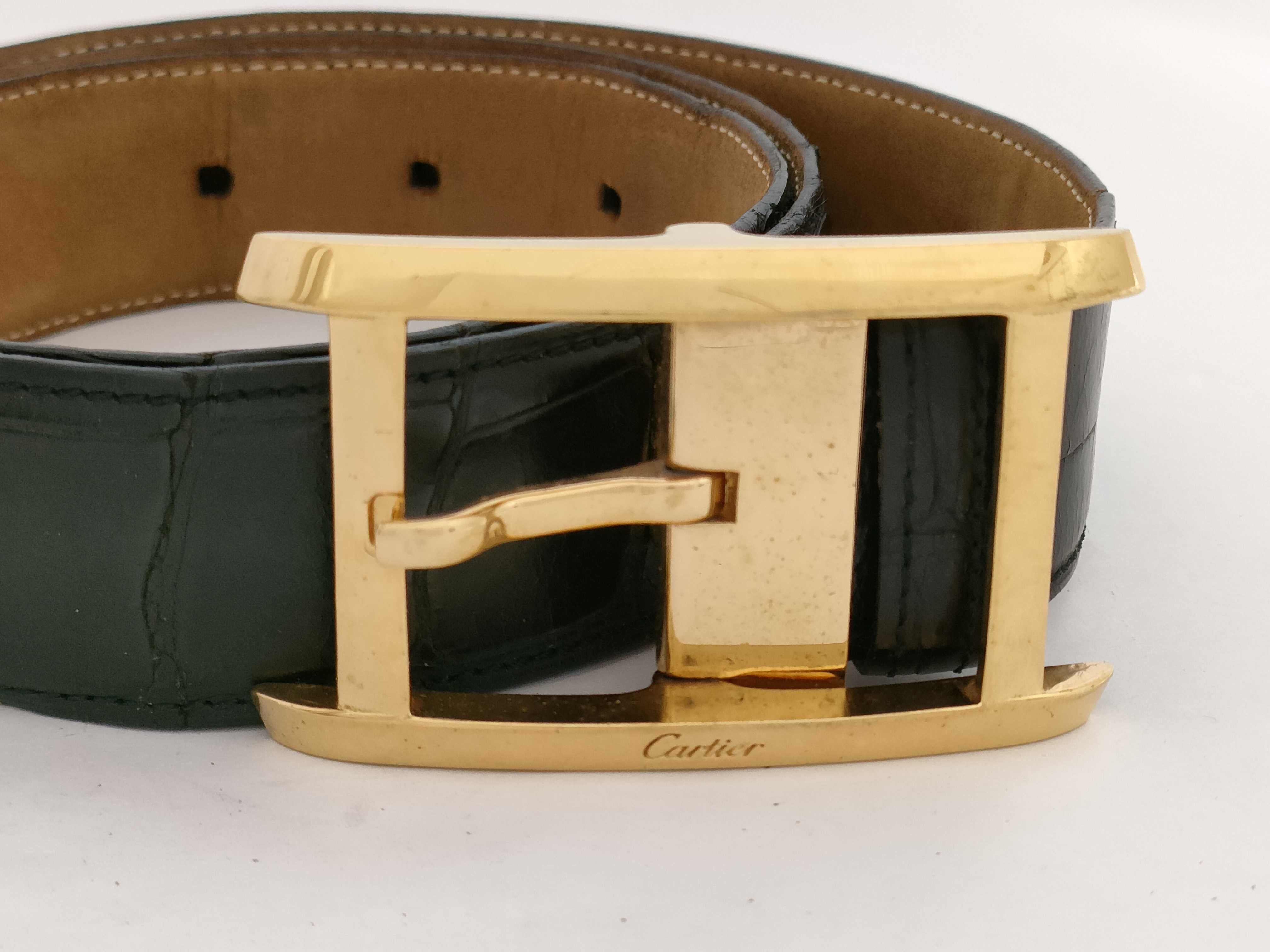 Cartier Black Glazed Exotic Leather Waist Belt with Gold-Toned Hardware