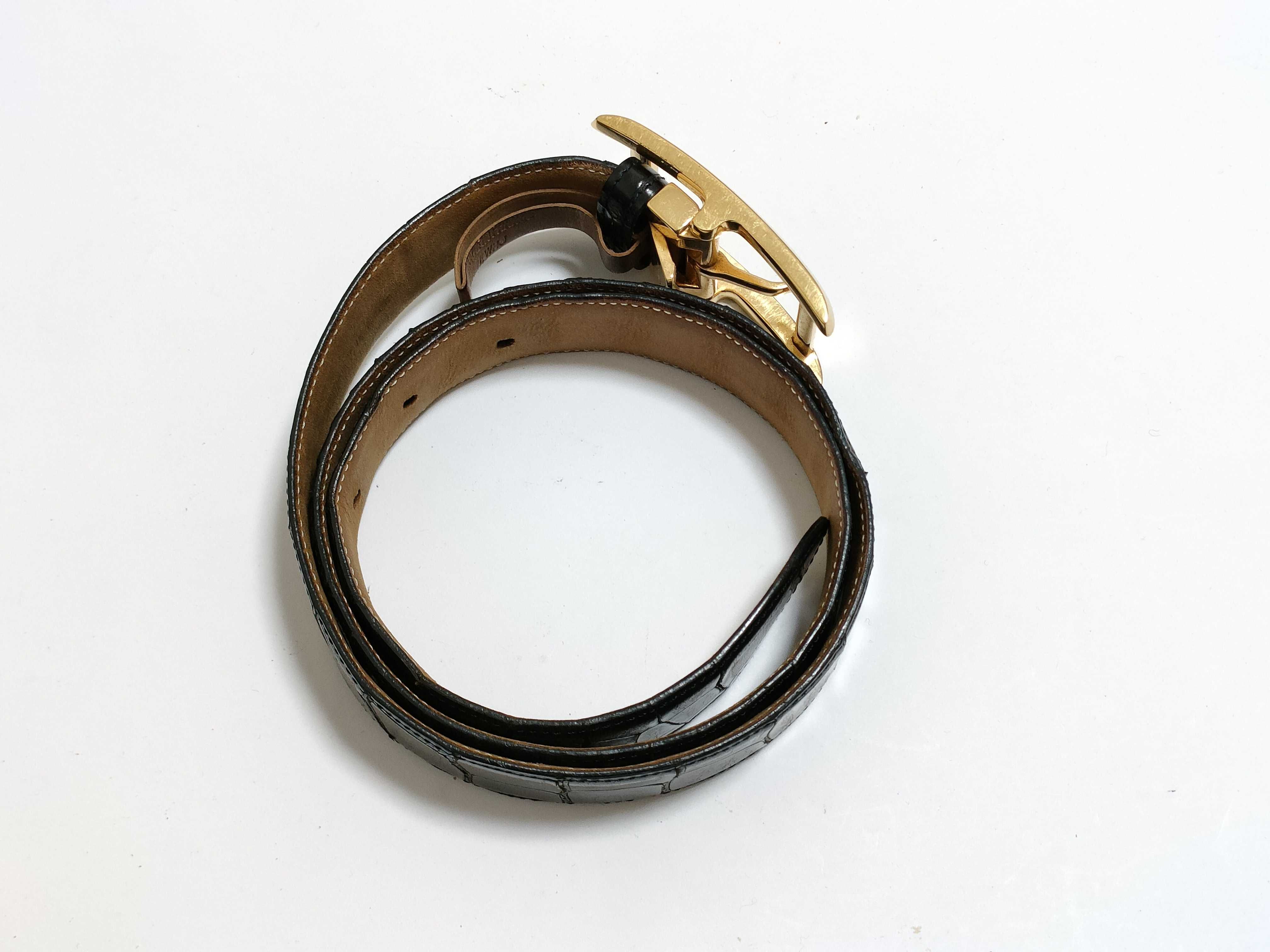 Cartier Black Glazed Exotic Leather Waist Belt with Gold-Toned Hardware