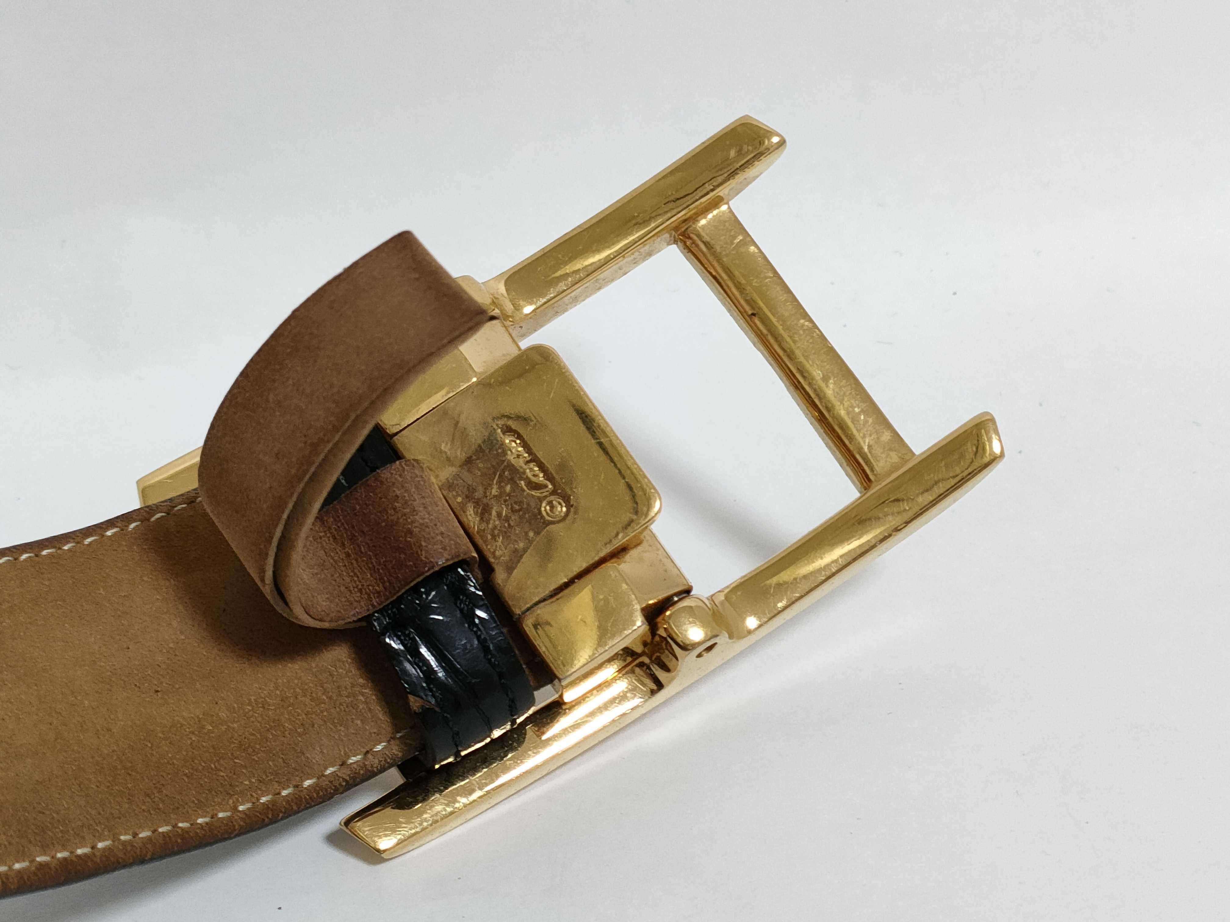 Cartier Black Glazed Exotic Leather Waist Belt with Gold-Toned Hardware