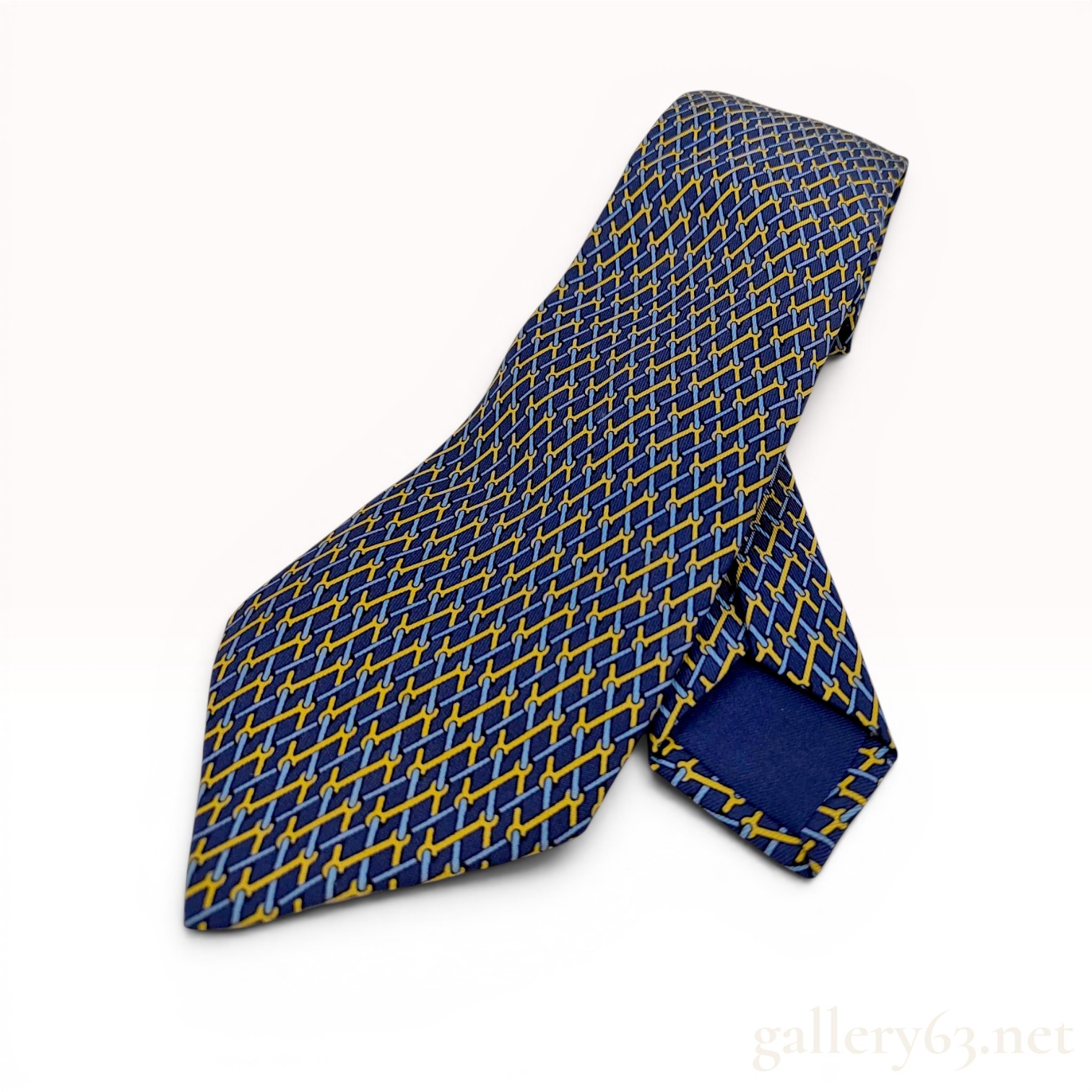 Hermes Silk Necktie with Blue and Yellow Chain-Link Pattern