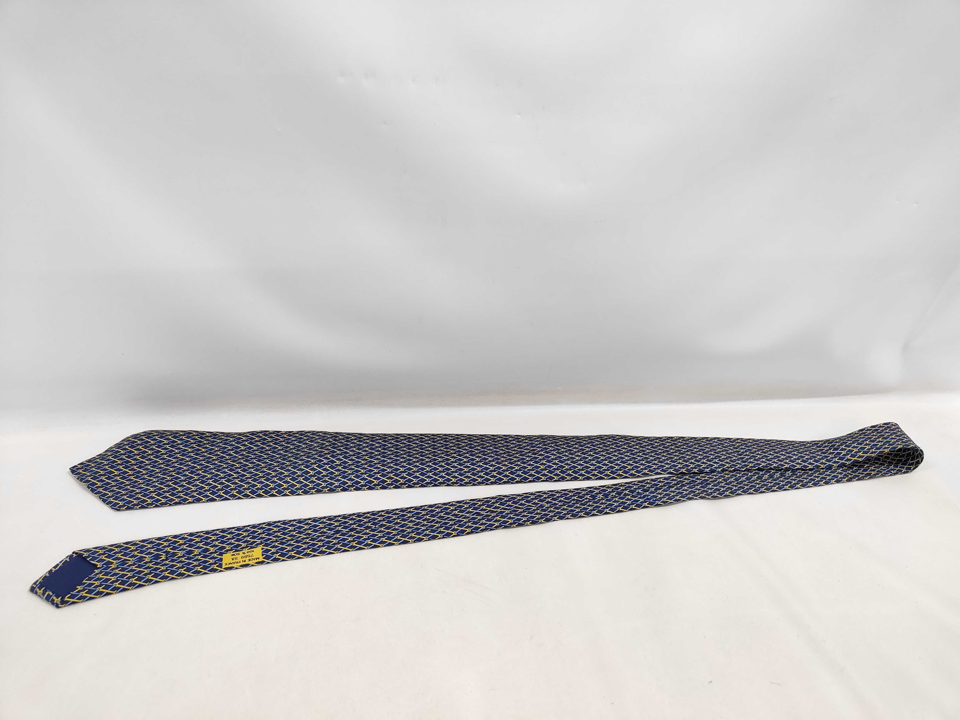 Hermes Silk Necktie with Blue and Yellow Chain-Link Pattern