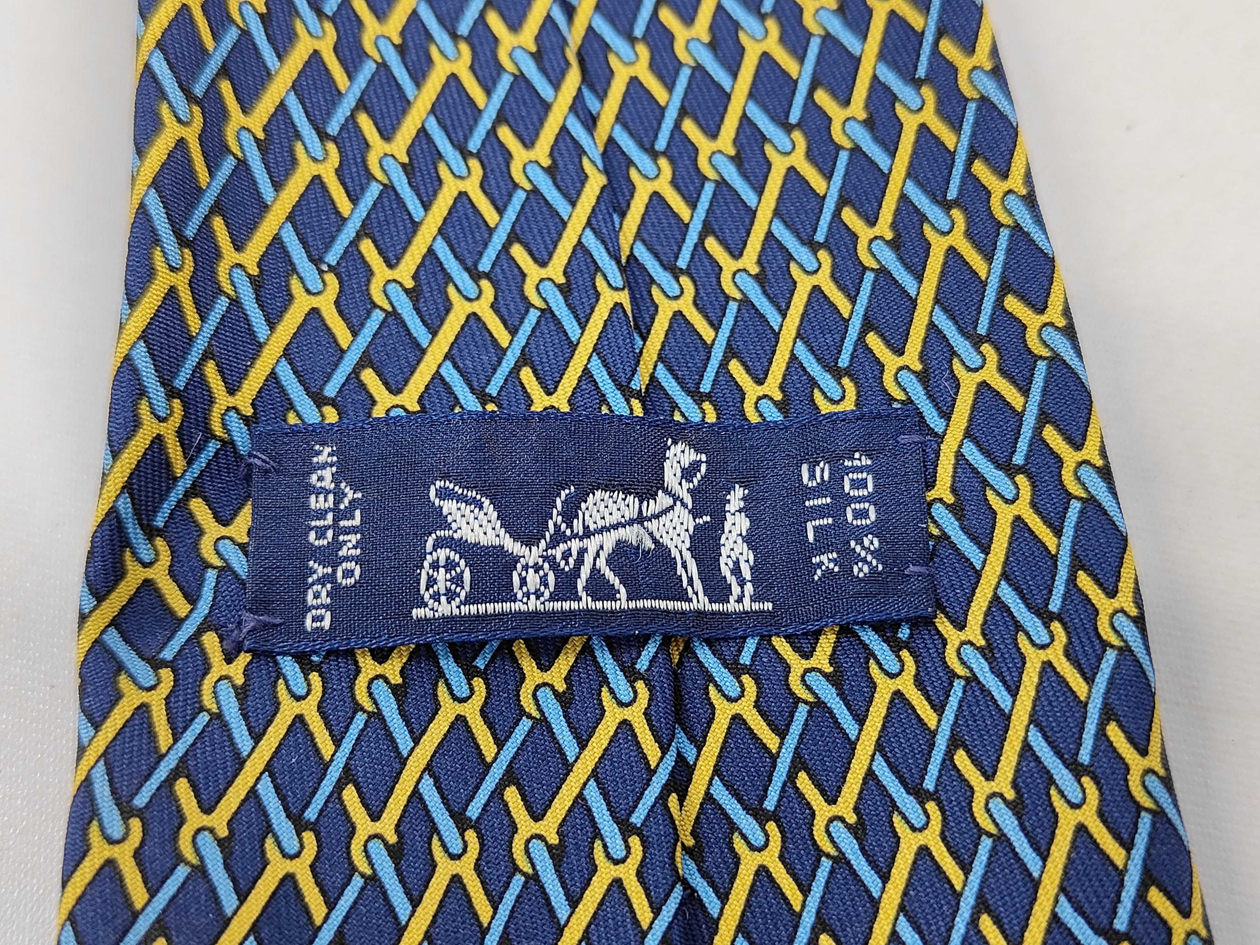 Hermes Silk Necktie with Blue and Yellow Chain-Link Pattern