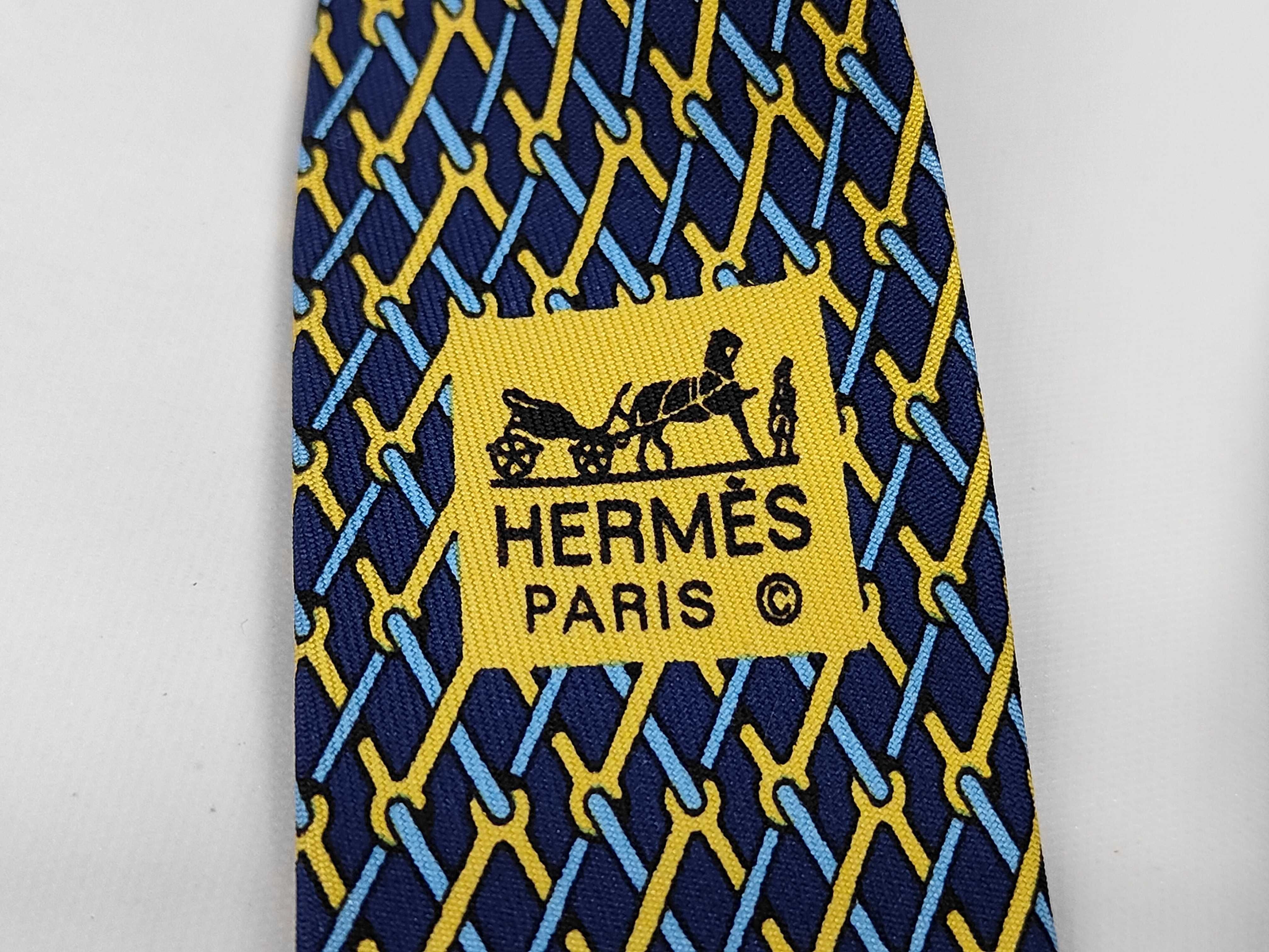 Hermes Silk Necktie with Blue and Yellow Chain-Link Pattern