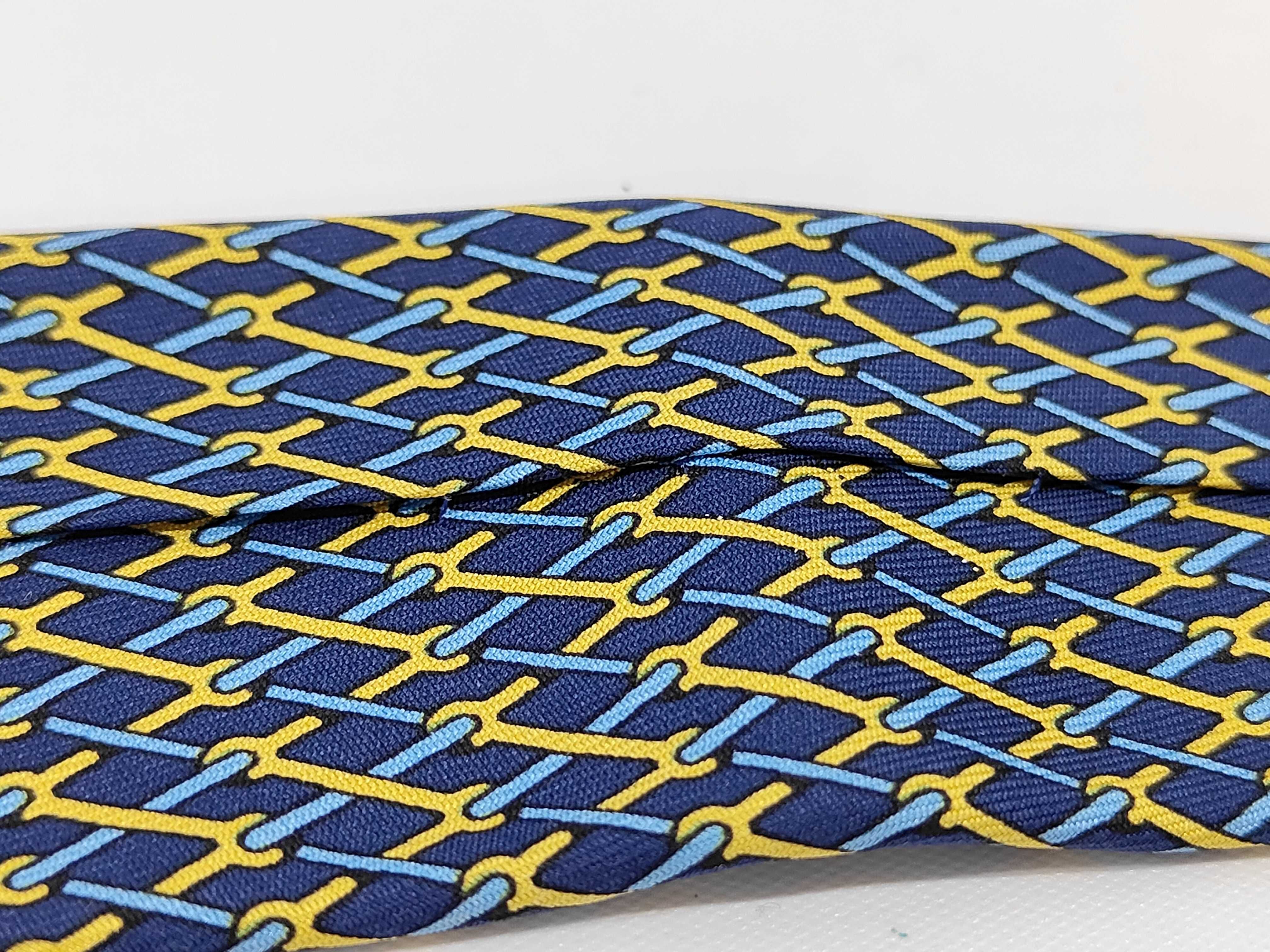 Hermes Silk Necktie with Blue and Yellow Chain-Link Pattern