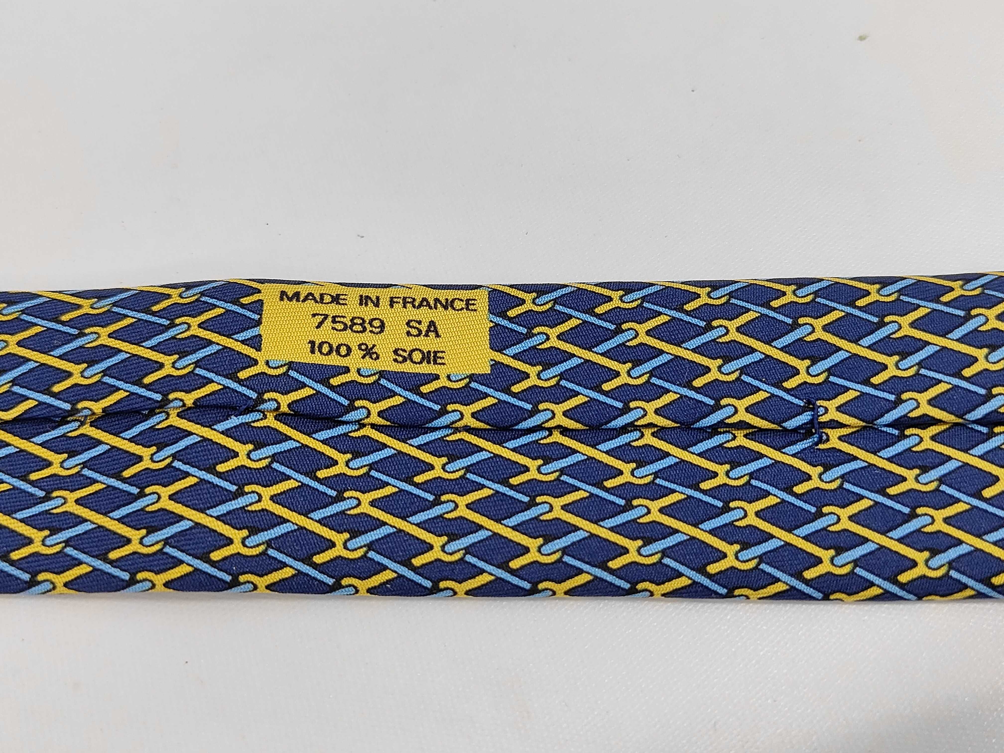 Hermes Silk Necktie with Blue and Yellow Chain-Link Pattern