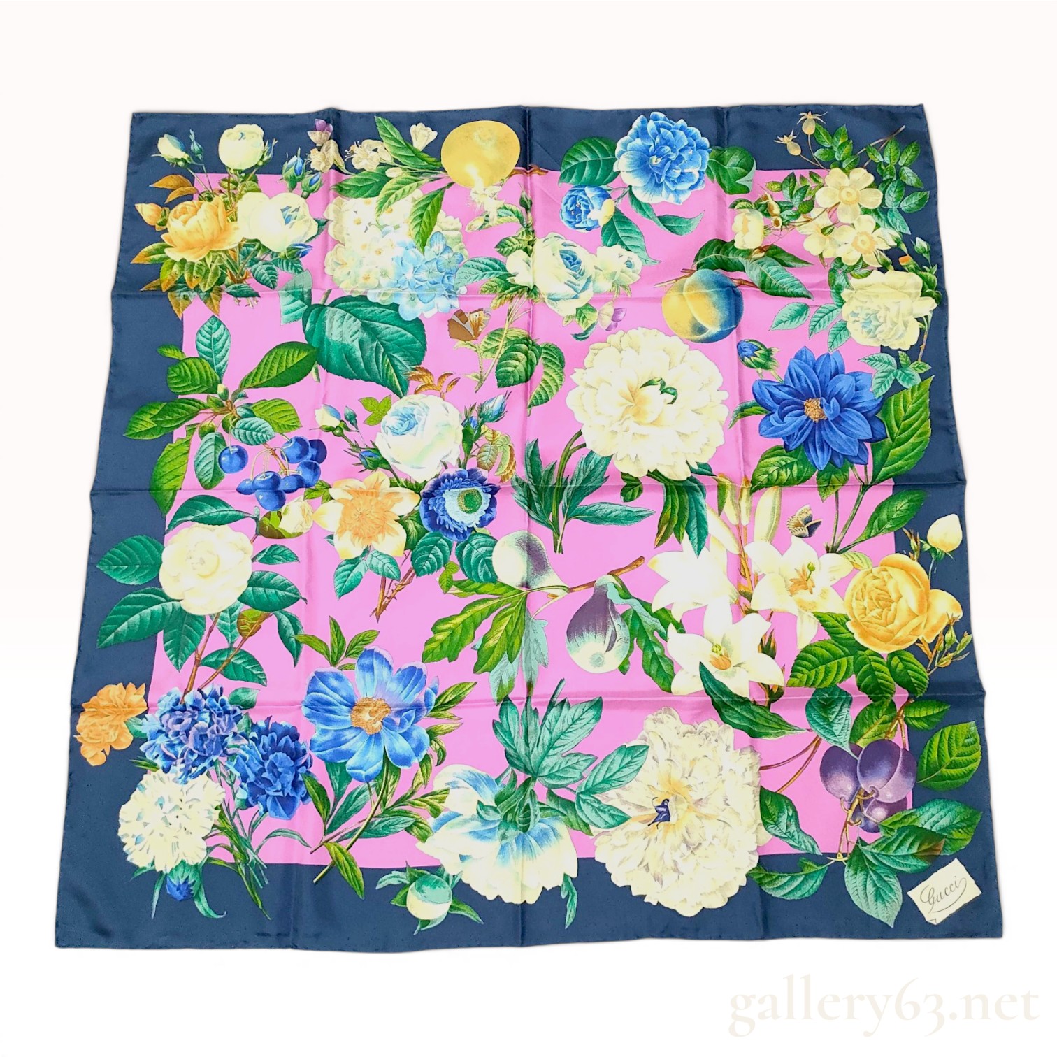 Gucci Flora Pink and Navy Silk Twill Scarf