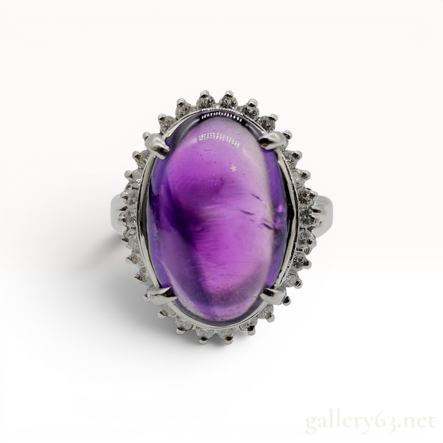 Amethyst Cabochon and Diamond Platinum Cocktail Ring