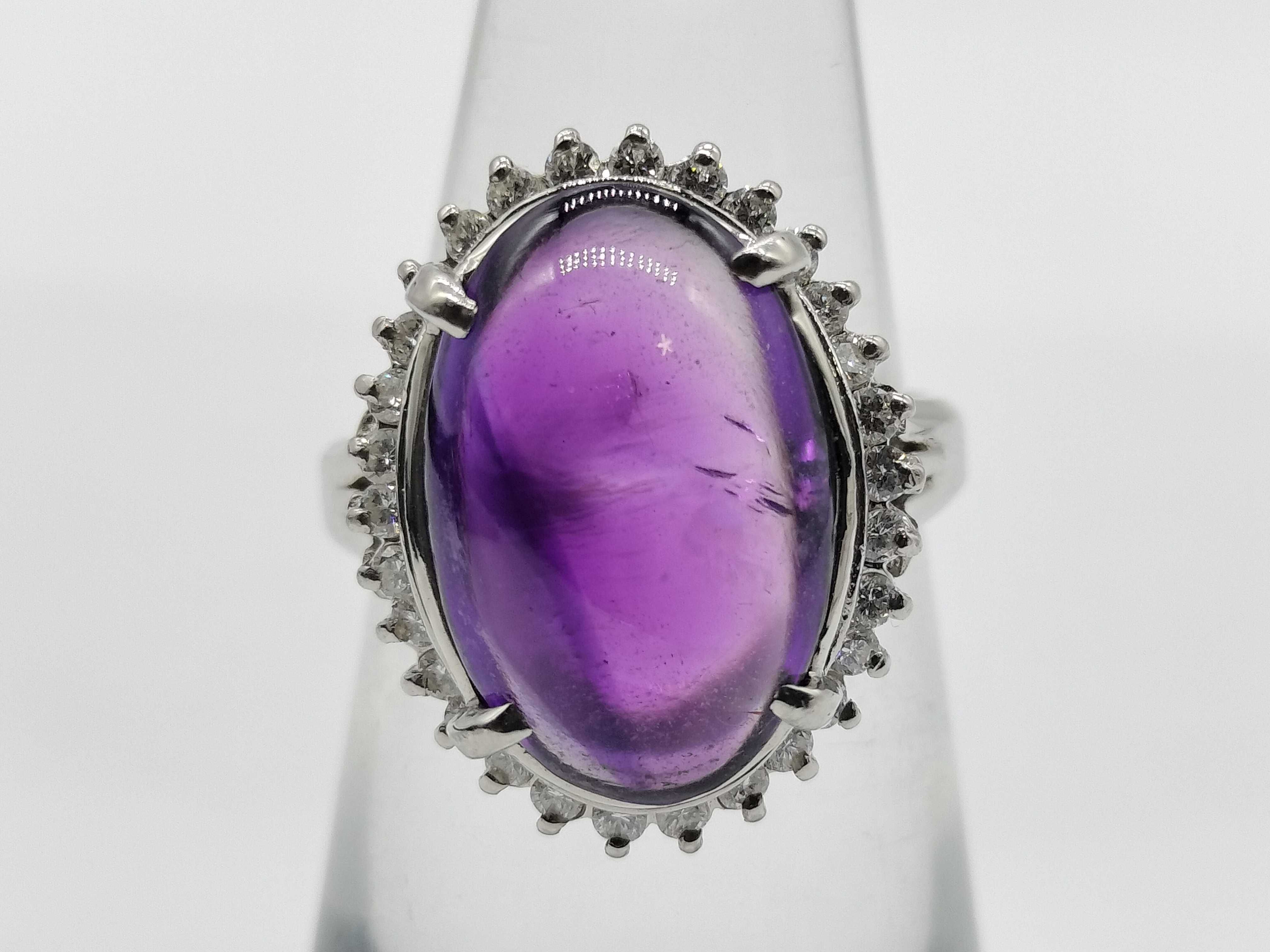 Amethyst Cabochon and Diamond Platinum Cocktail Ring