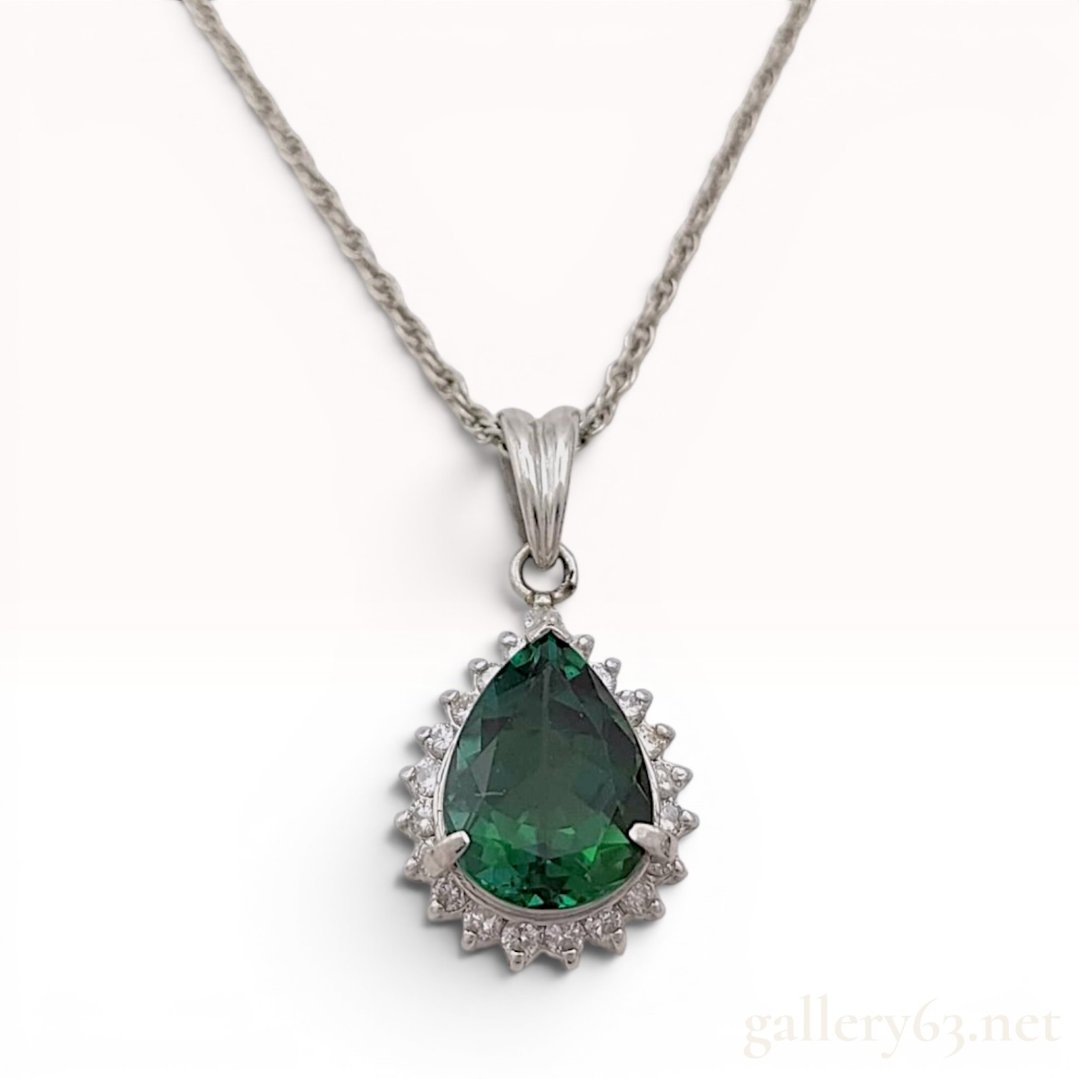 Platinum Natural 2.46ct Lagoon Tourmaline and Diamond Halo Pendant Necklace
