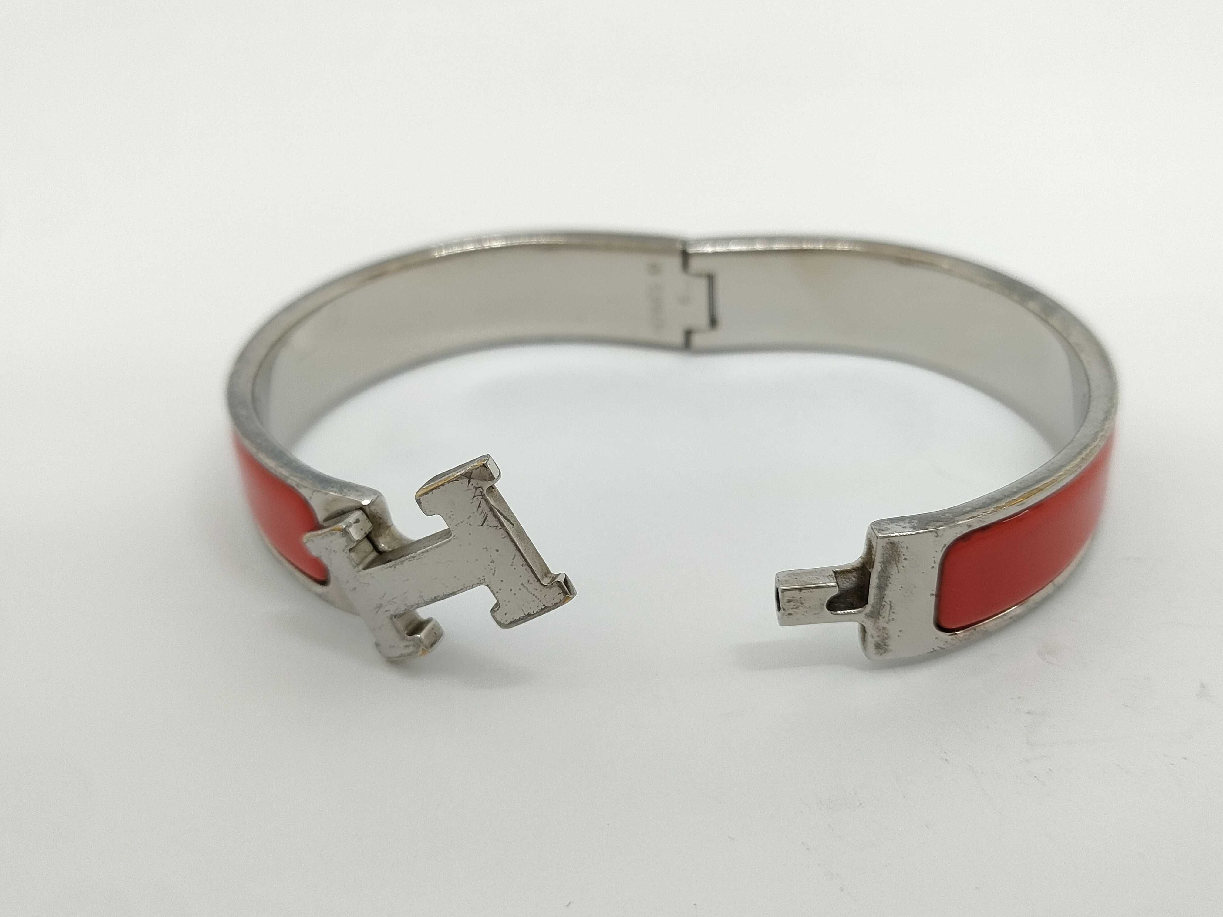 Hermes Red Enamel and Palladium-Plated Clic H Bangle Bracelet