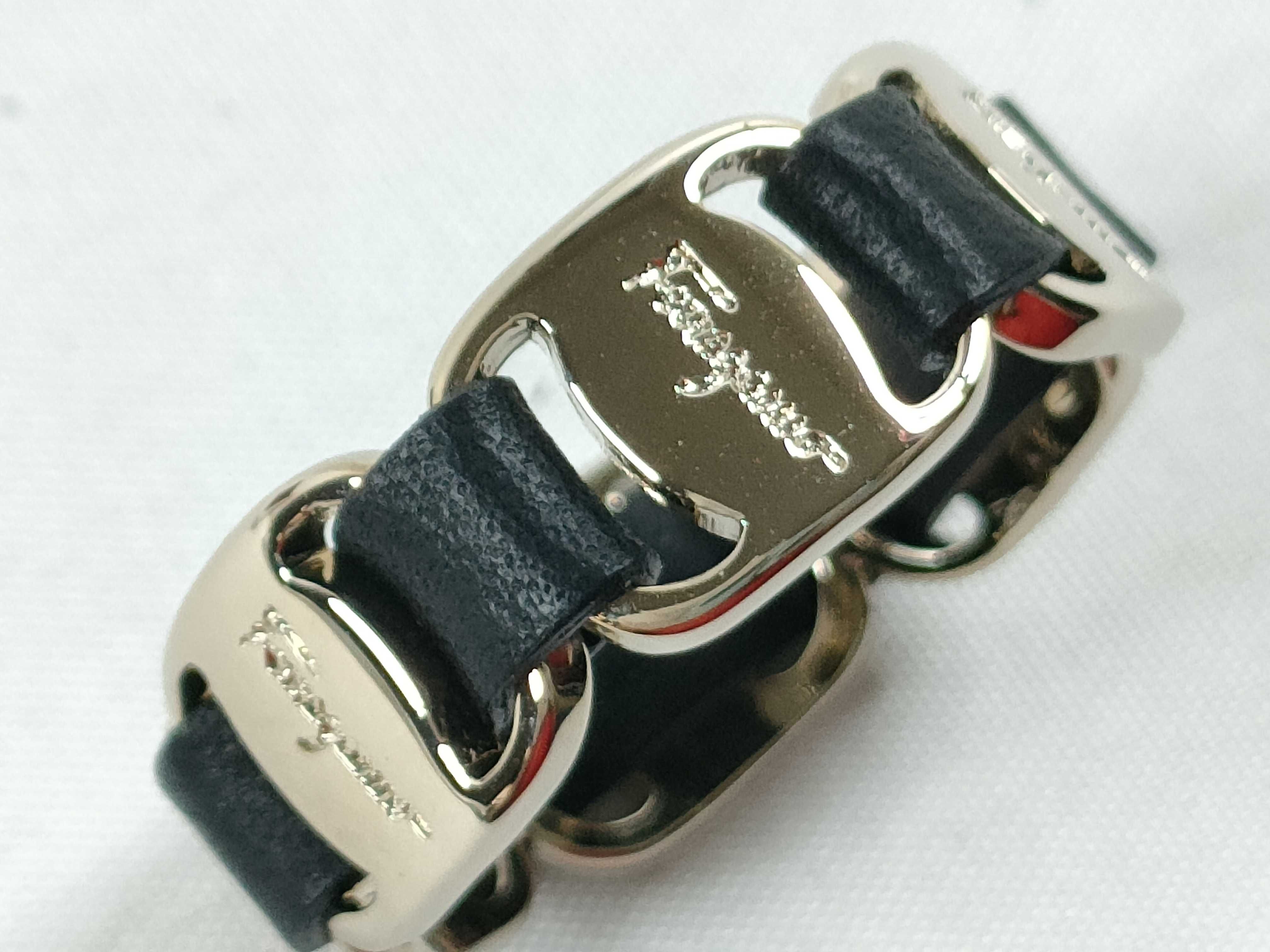 Salvatore Ferragamo Silver-Toned and Black Leather Band Scarf Ring