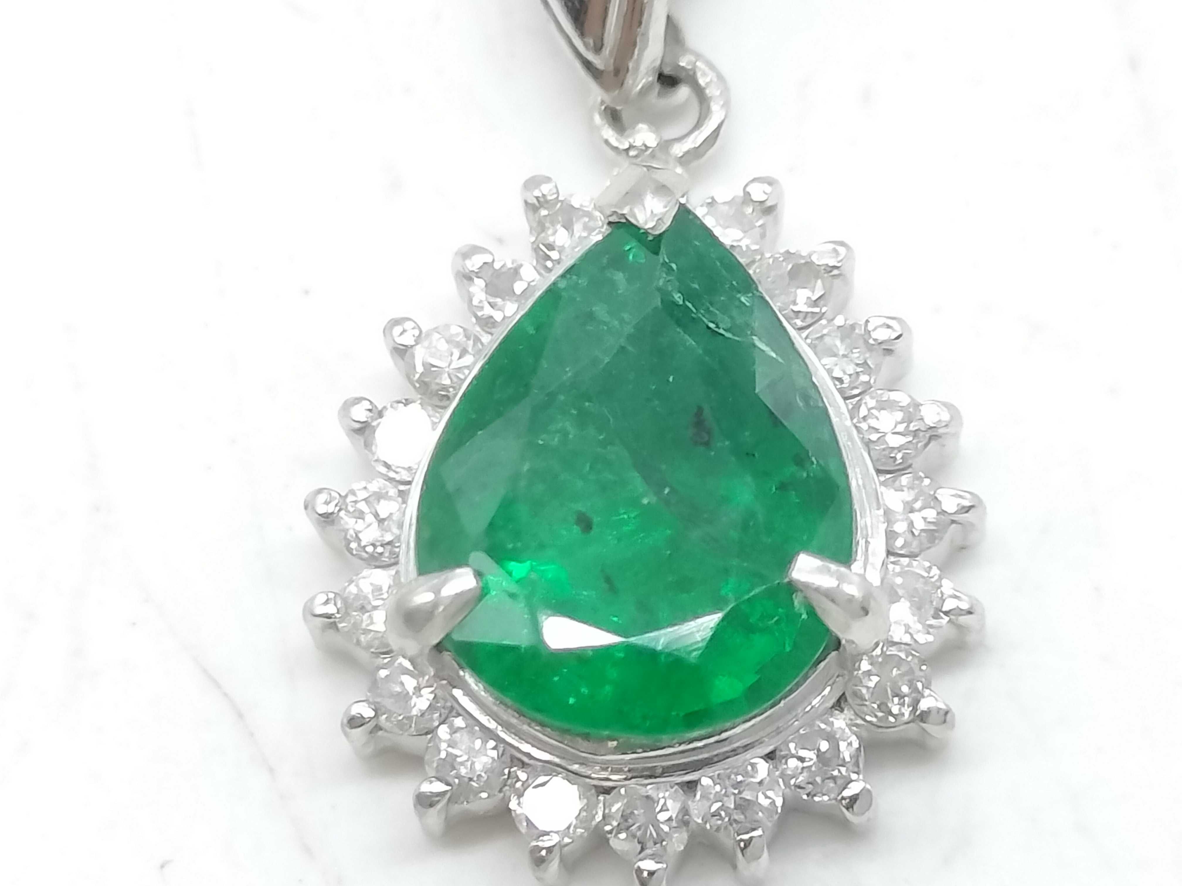 Platinum Emerald and Diamond Halo Pendant Necklace