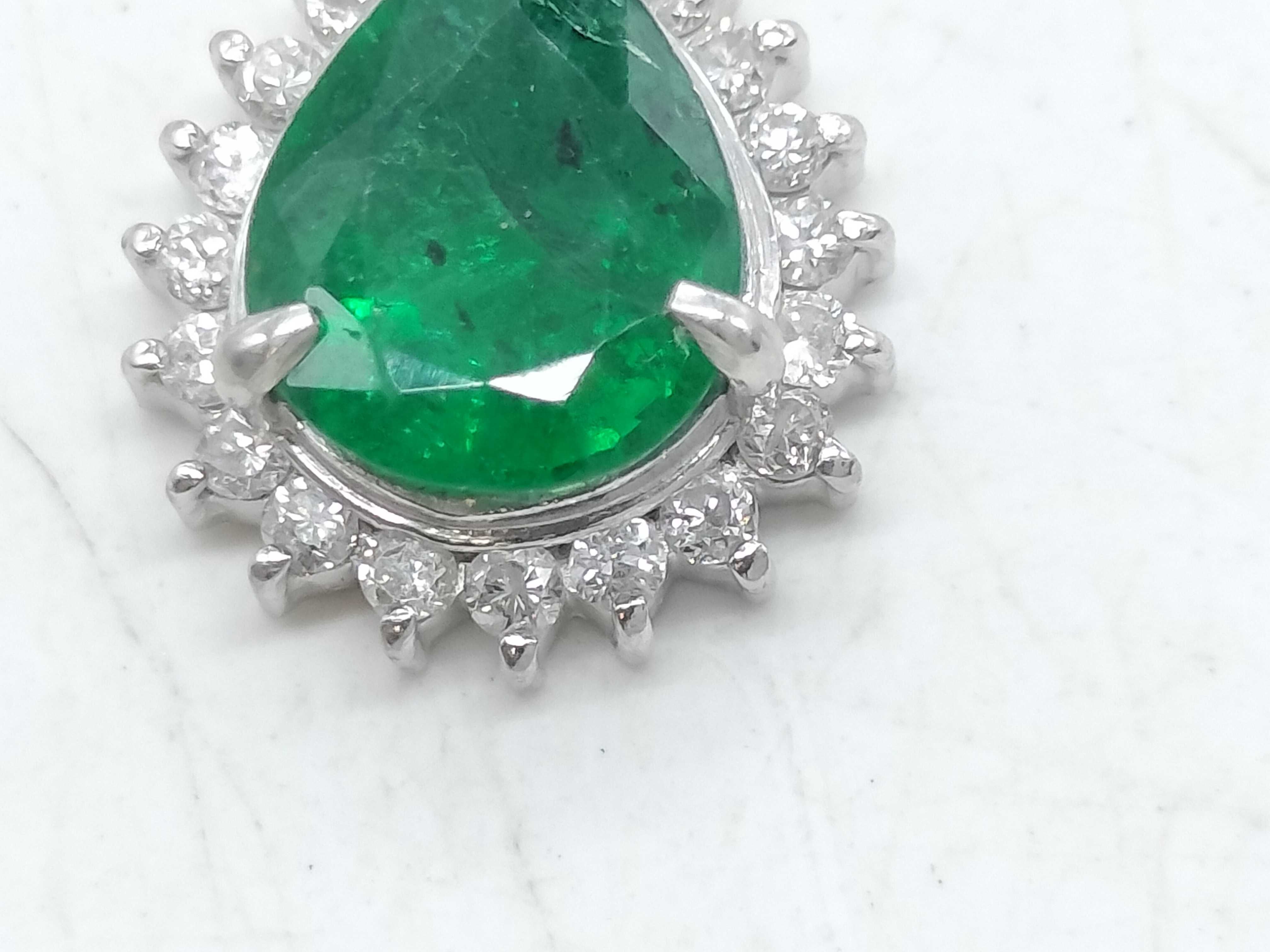 Platinum Emerald and Diamond Halo Pendant Necklace