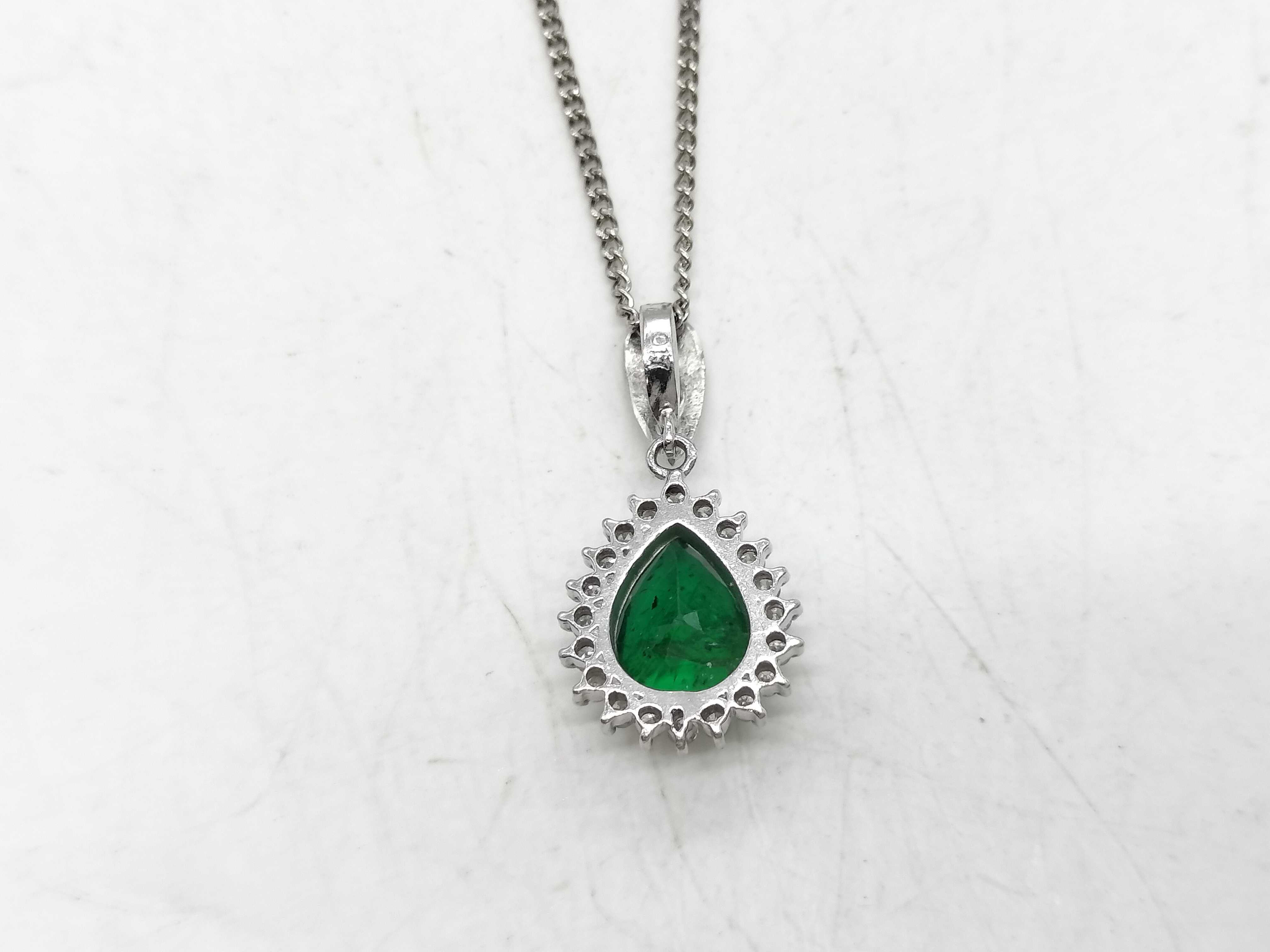 Platinum Emerald and Diamond Halo Pendant Necklace