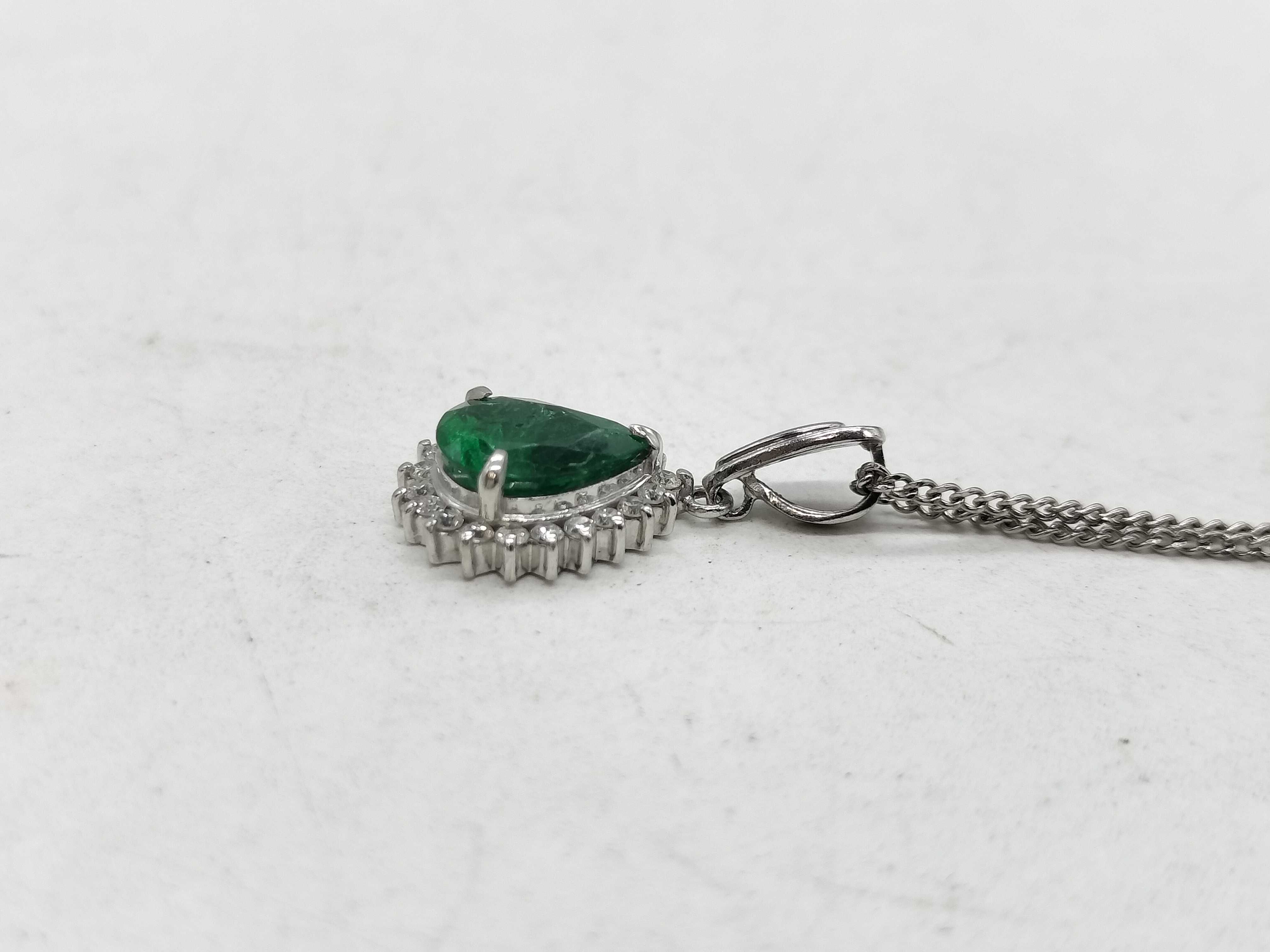 Platinum Emerald and Diamond Halo Pendant Necklace
