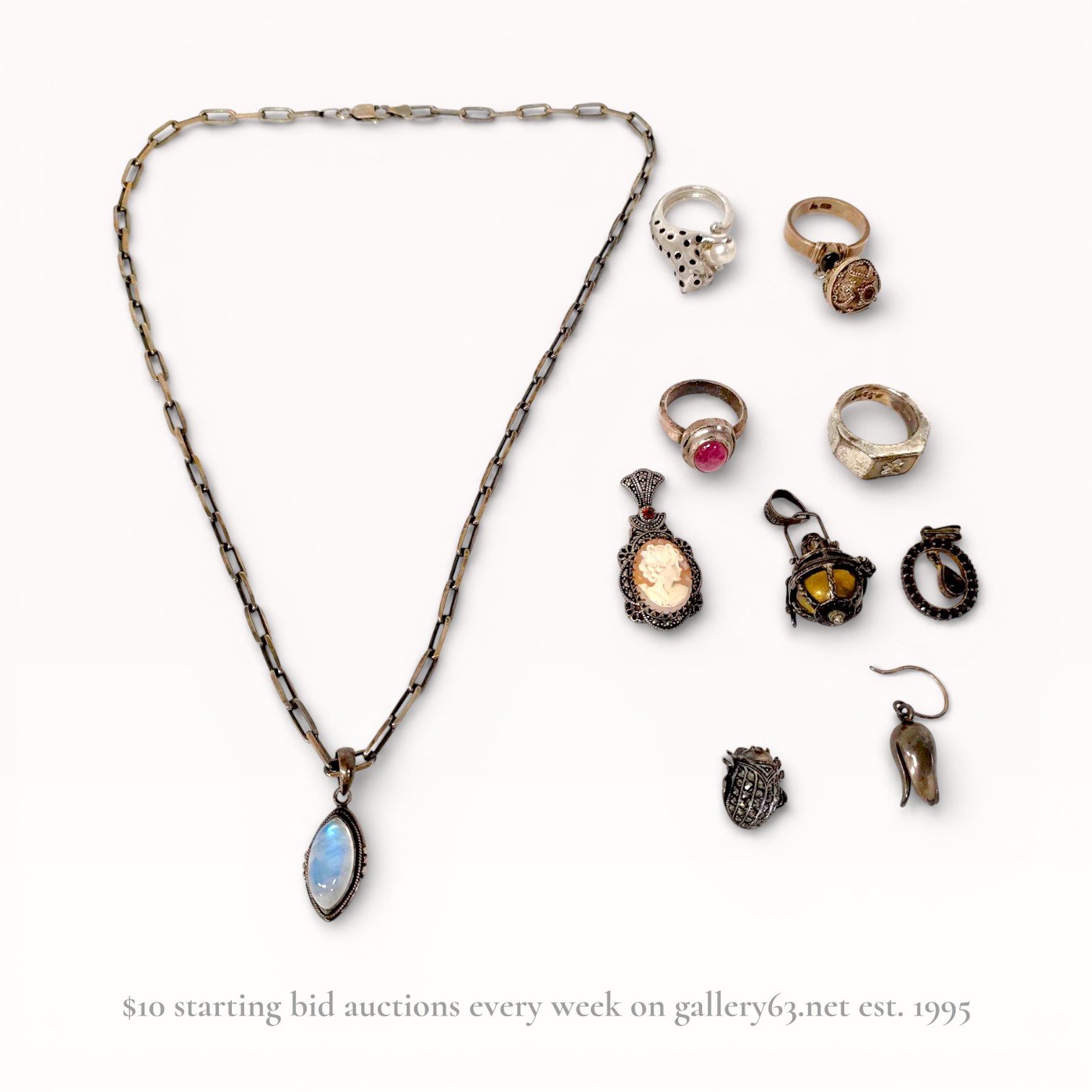An Assortment of Vintage Sterling Silver Jewelry including Moonstone and Garnet