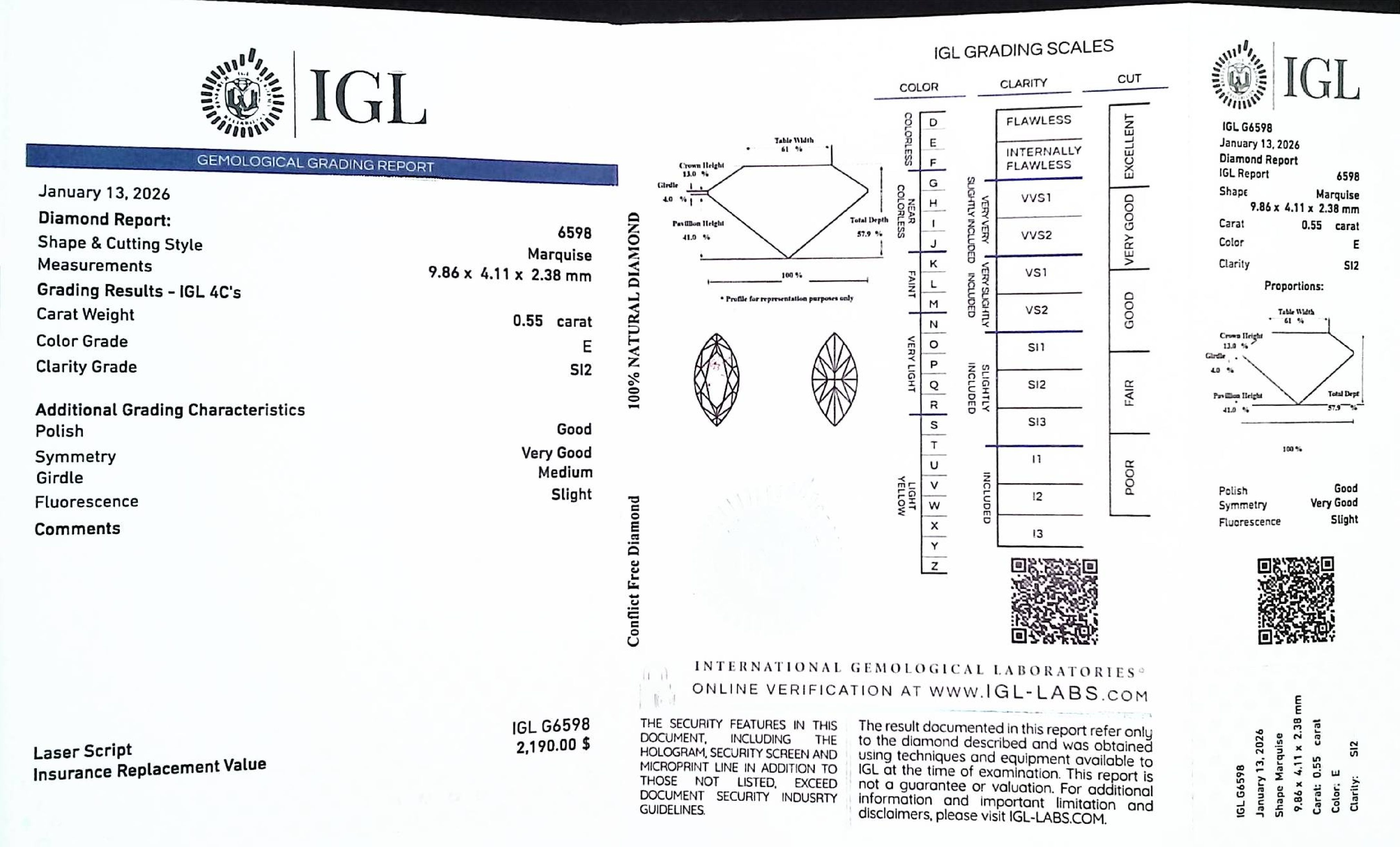 0.55 Carat E-SI2 Marquise Cut Natural Diamond with IGL Report