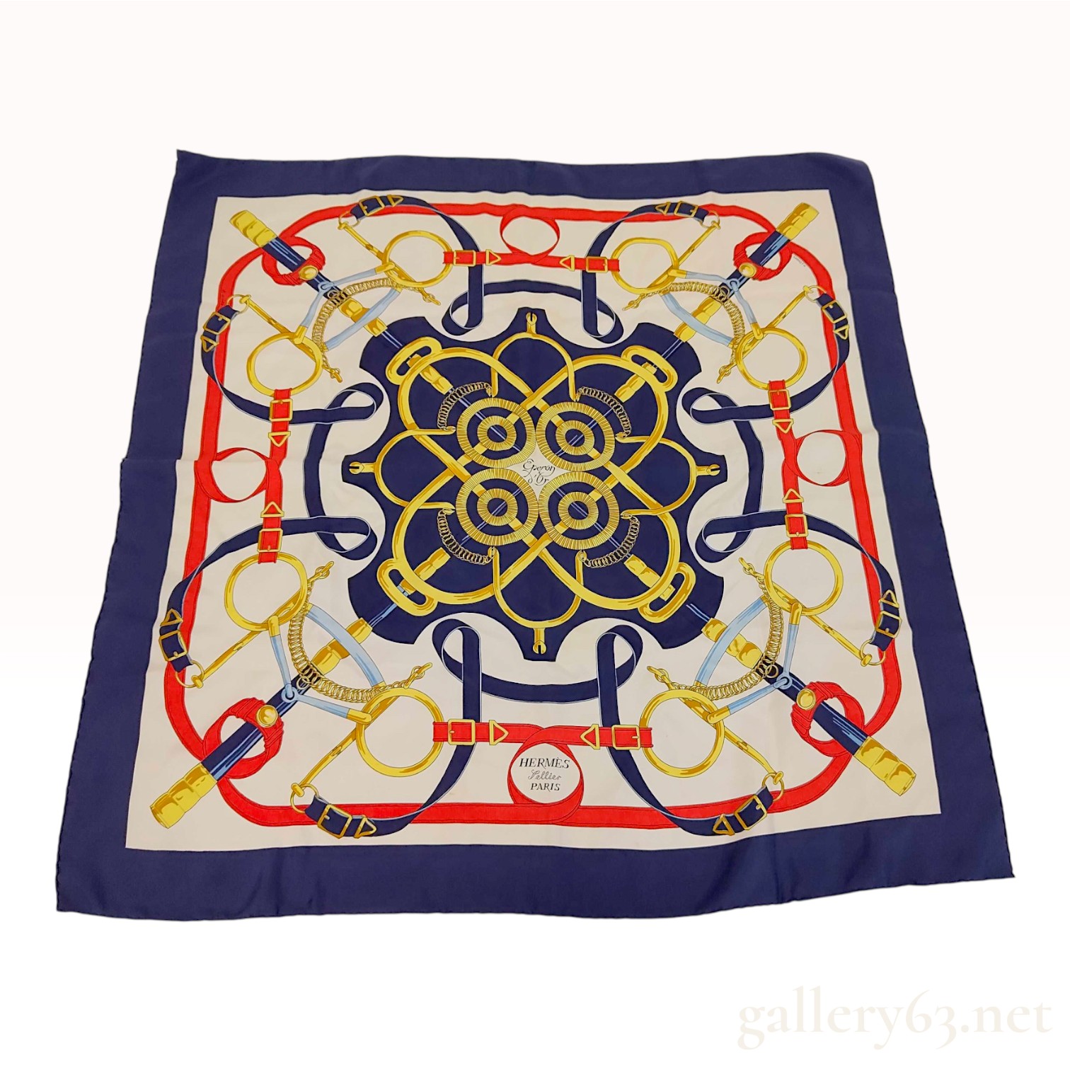 Hermes Eperon d'Or 90cm Silk Twill Scarf in Navy, Red, and Gold