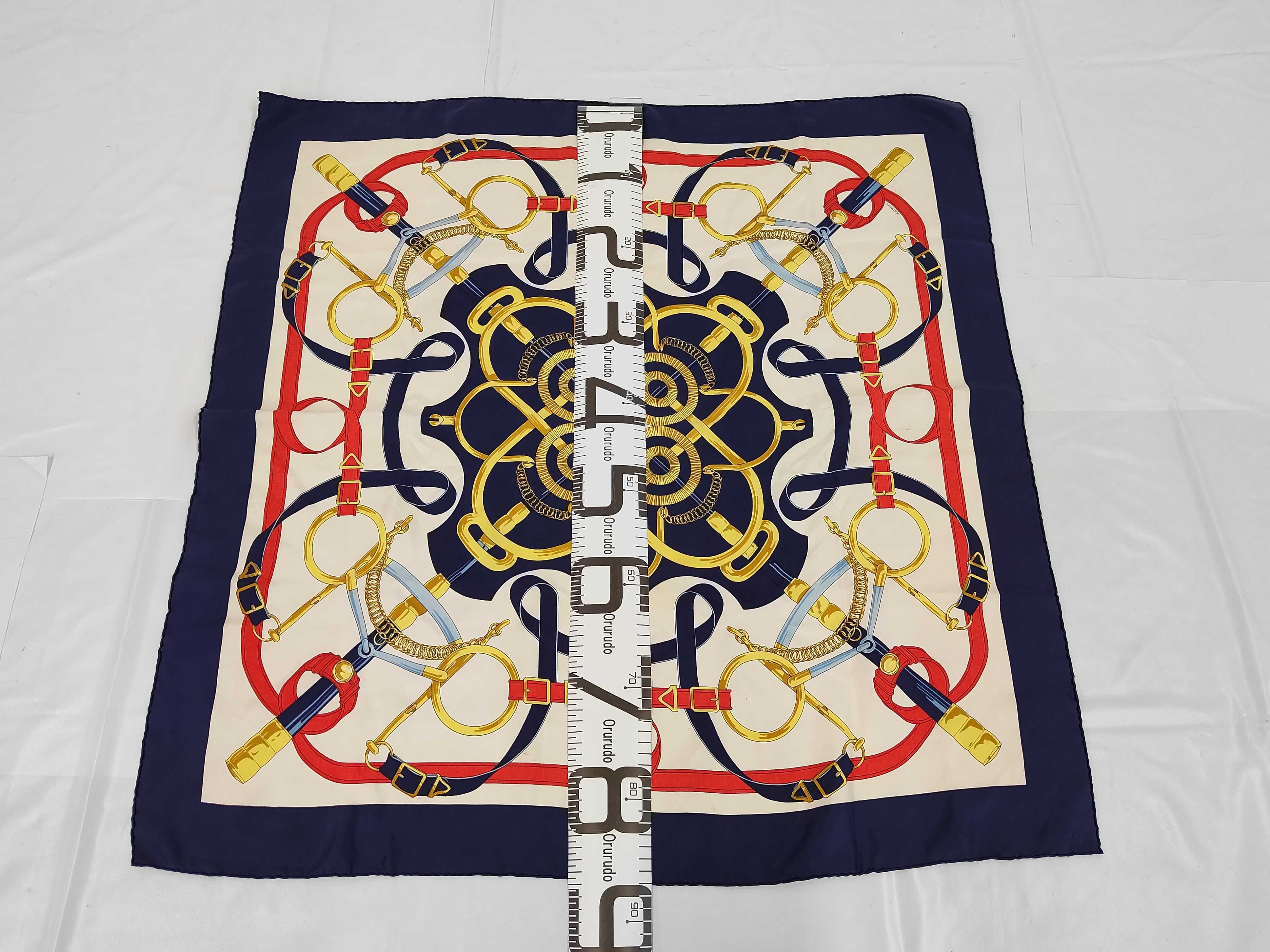 Hermes Eperon d'Or 90cm Silk Twill Scarf in Navy, Red, and Gold