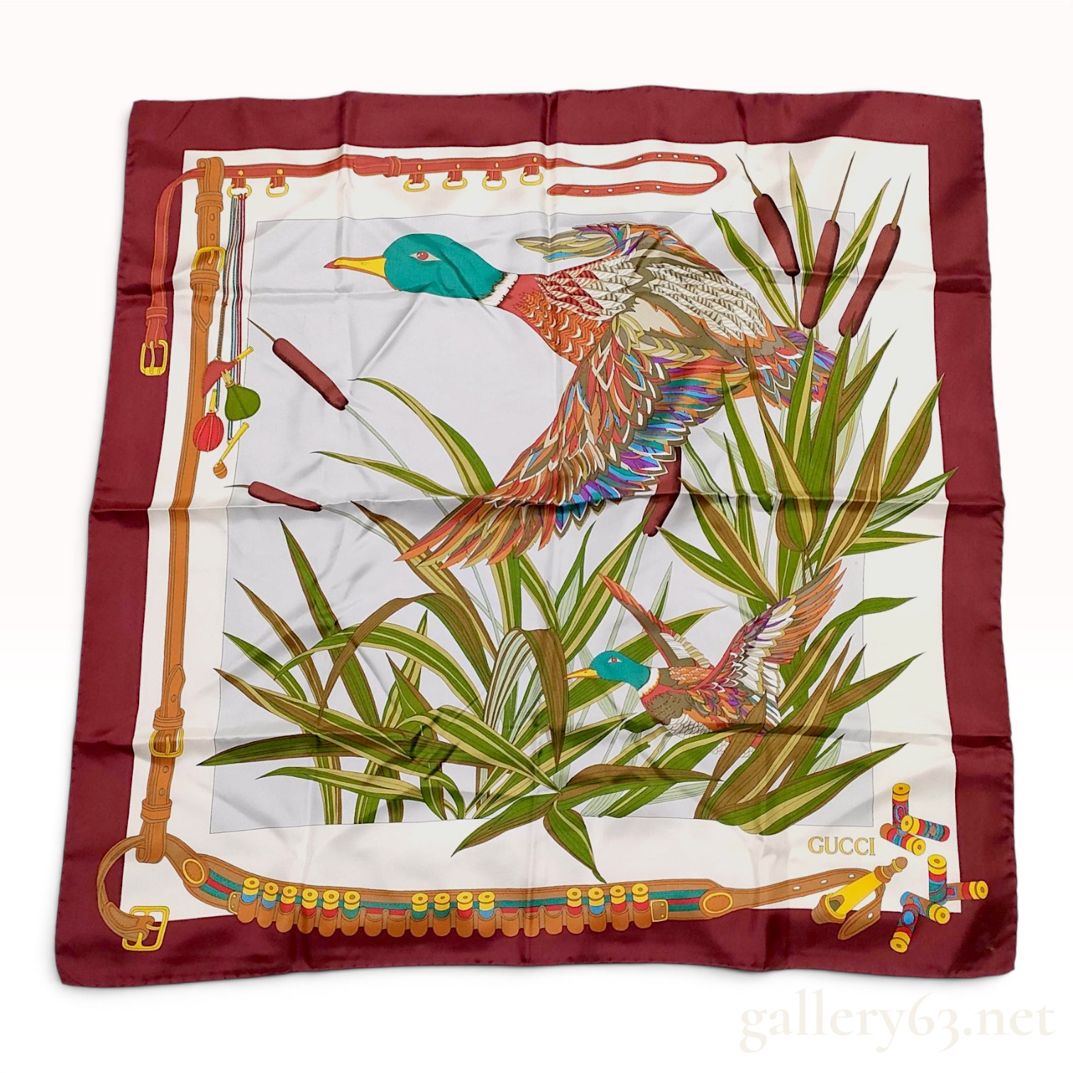 Vintage Gucci Silk Scarf with Waterfowl Hunting Motif
