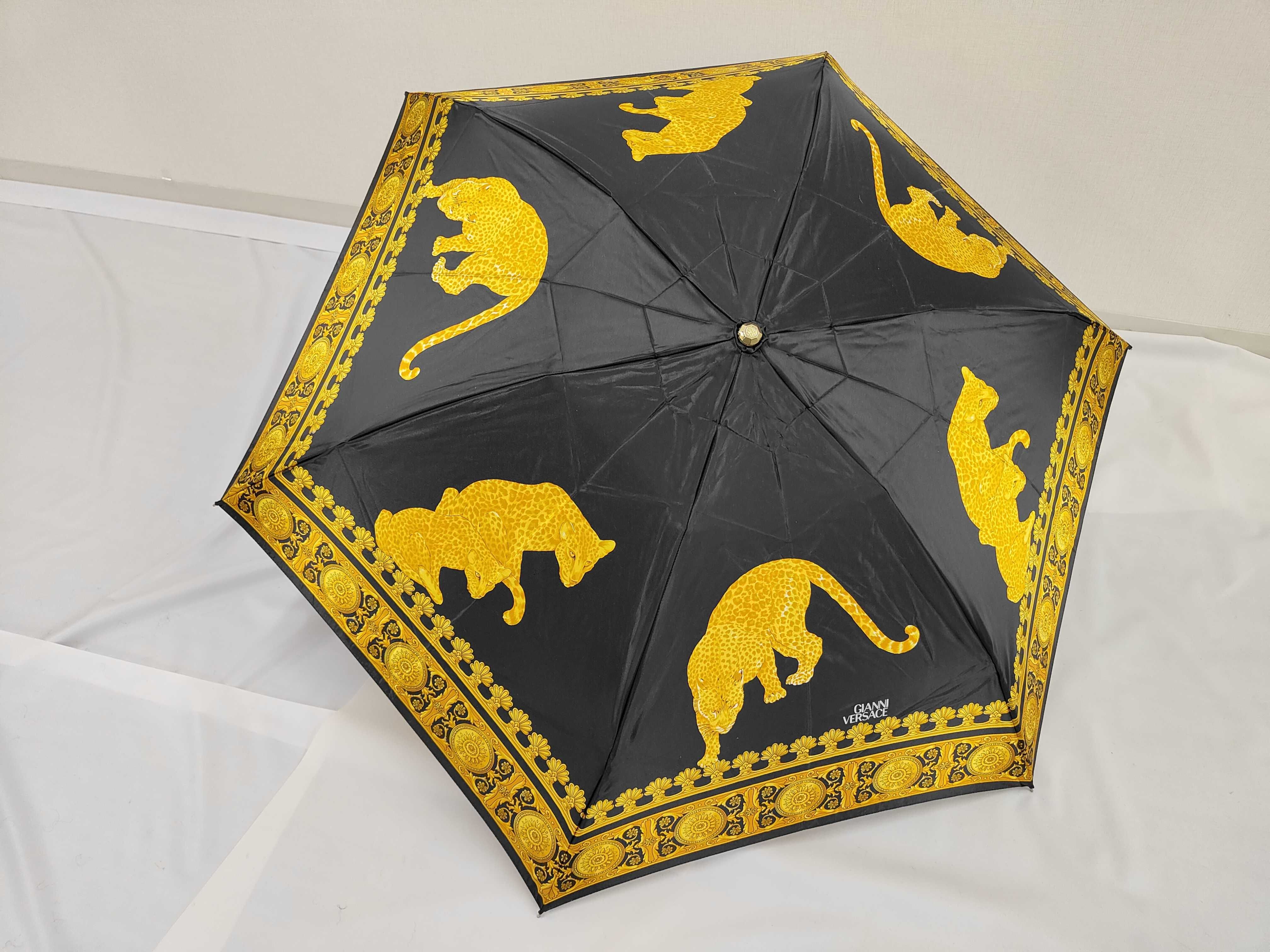 Gianni Versace Vintage Barocco and Leopard Print Folding Umbrella with Sleeve