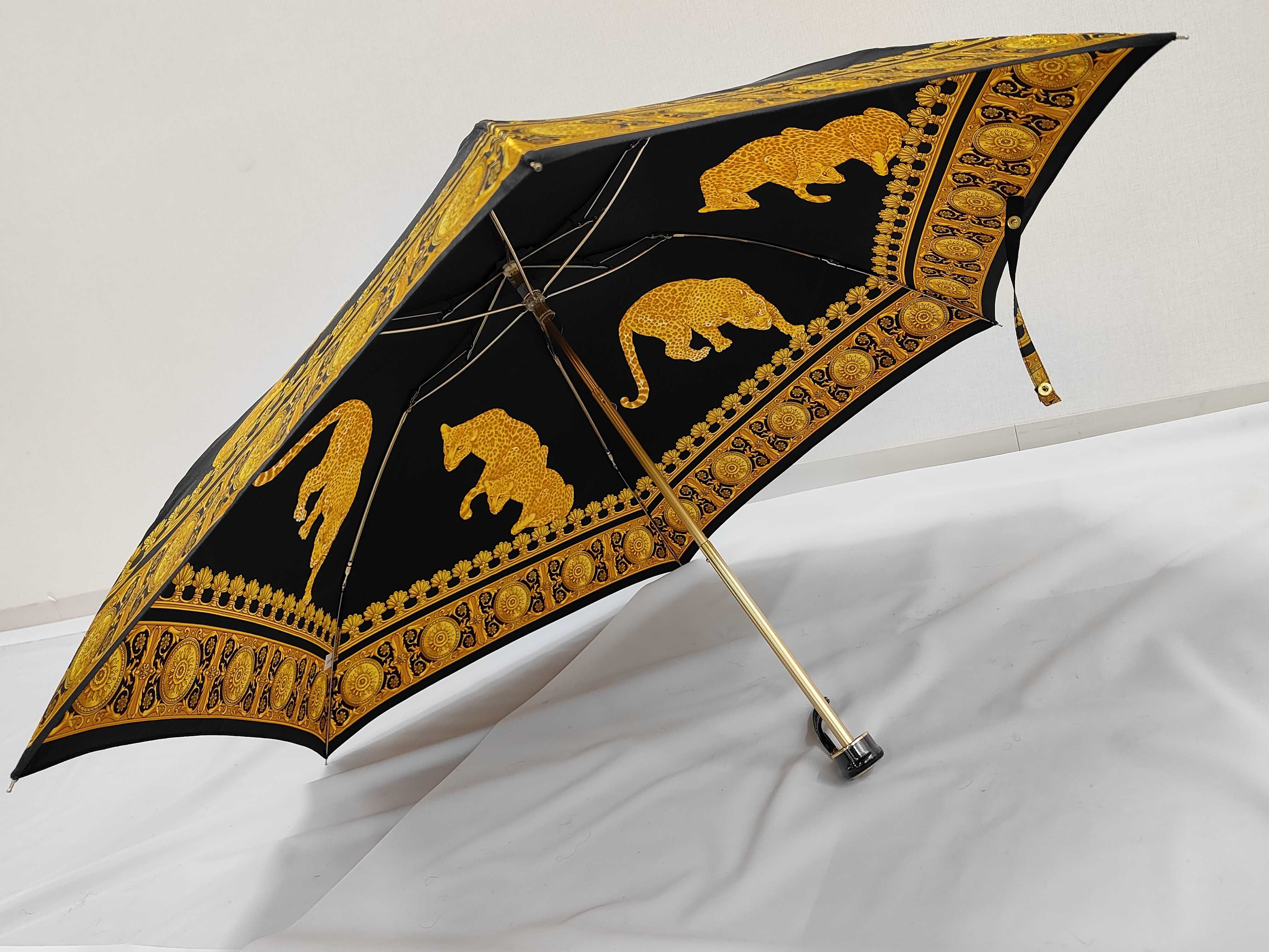 Gianni Versace Vintage Barocco and Leopard Print Folding Umbrella with Sleeve