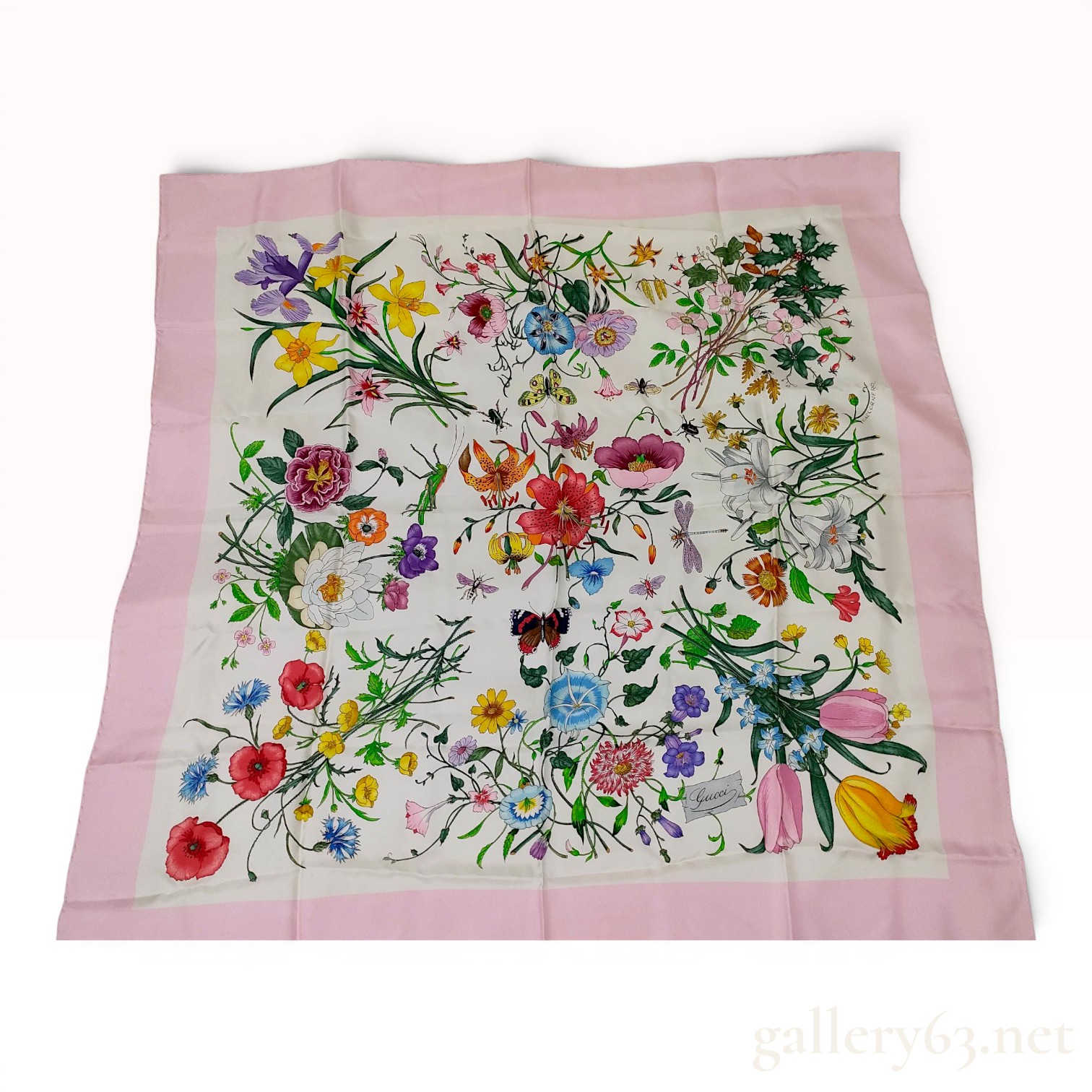 Gucci Pink Border Flora Silk Scarf Designed by Vittorio Accornero