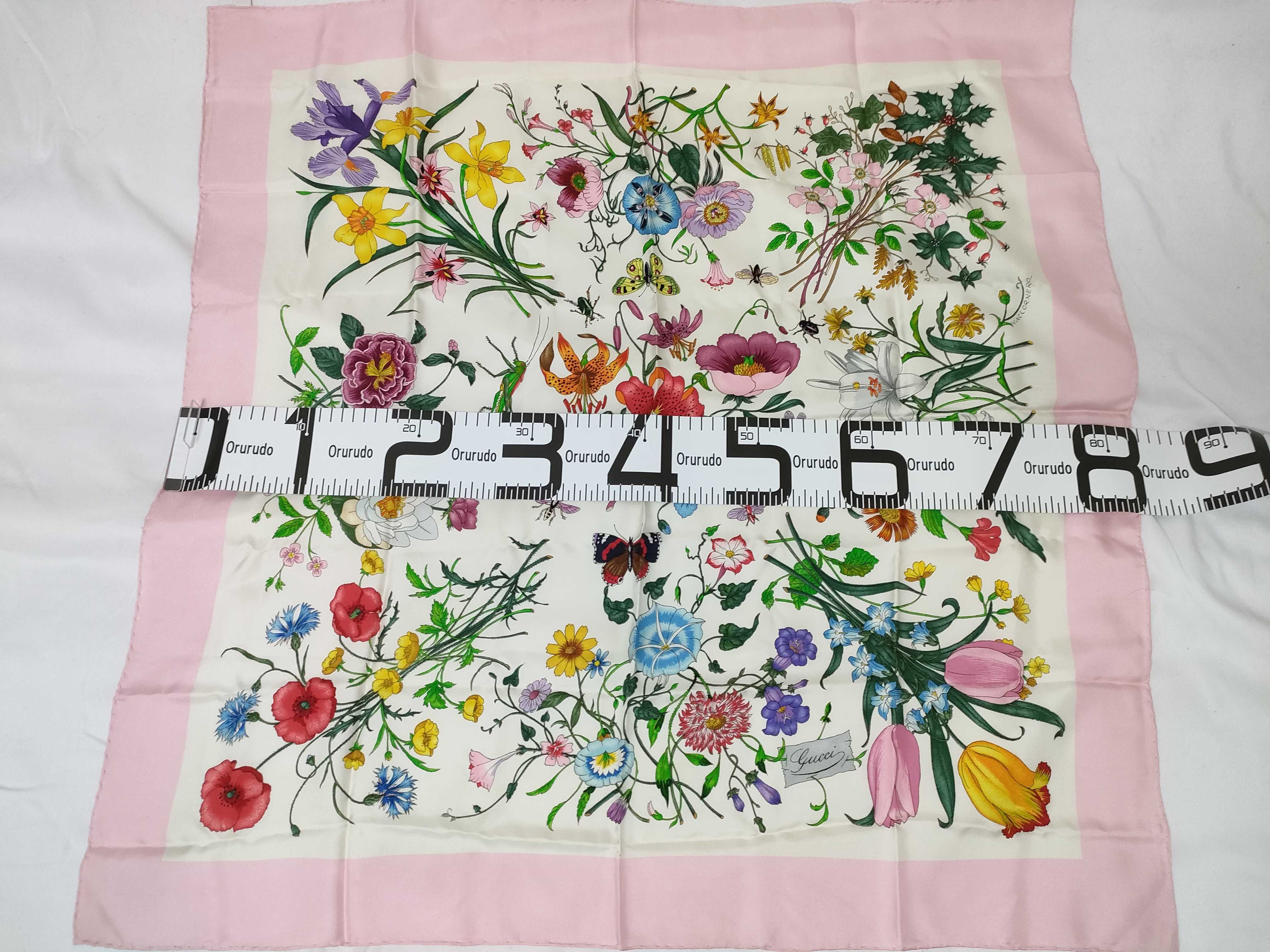 Gucci Pink Border Flora Silk Scarf Designed by Vittorio Accornero