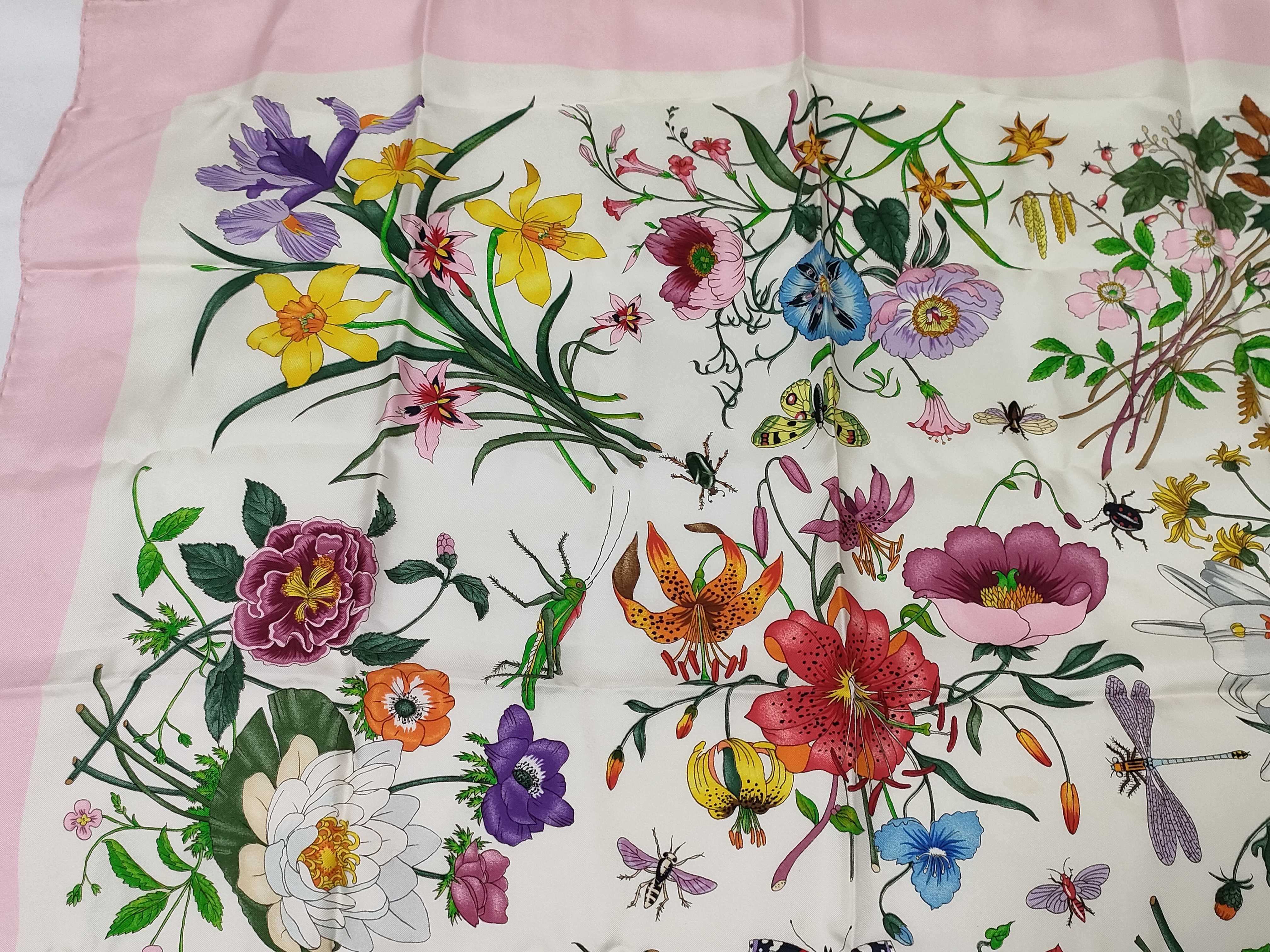 Gucci Pink Border Flora Silk Scarf Designed by Vittorio Accornero
