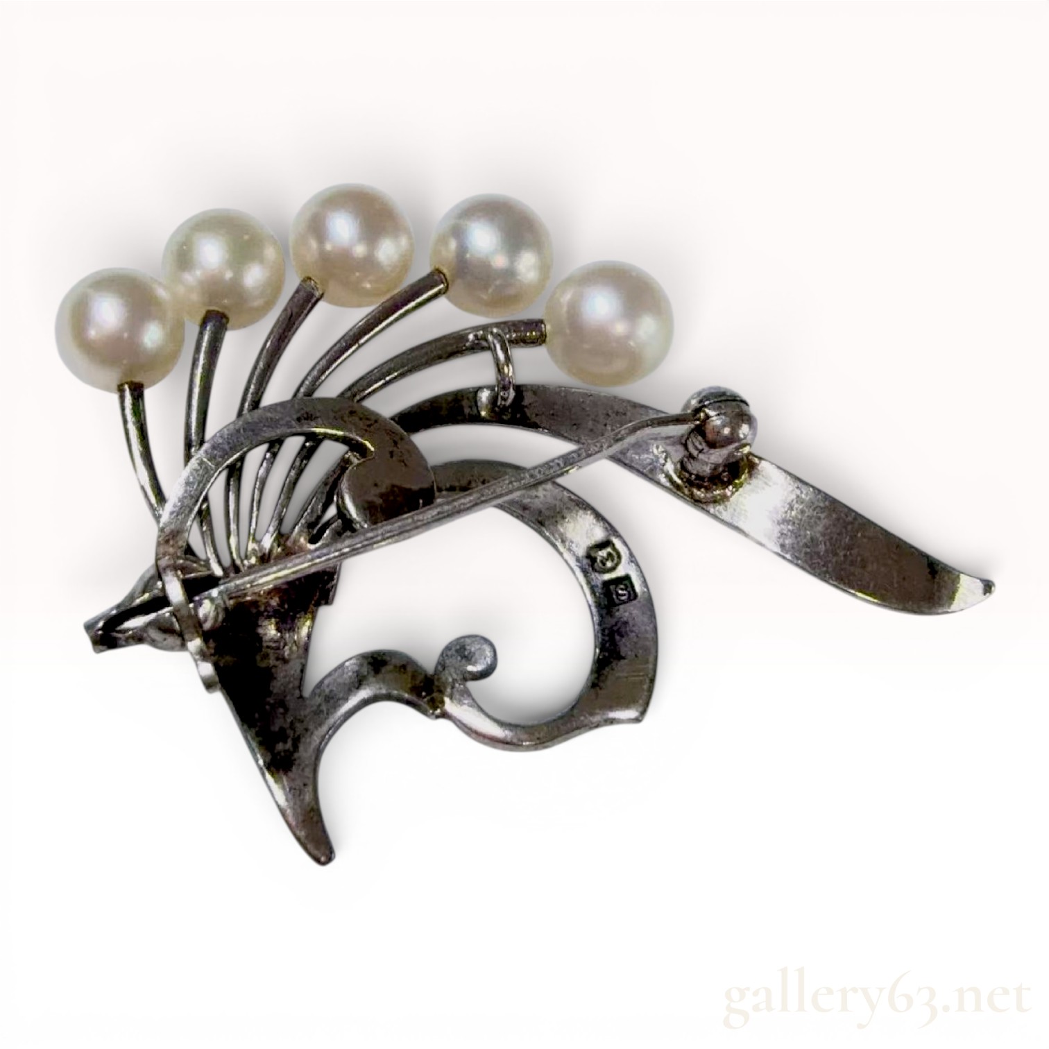 Sterling Silver and Five Pearl Foliate Spray Brooch