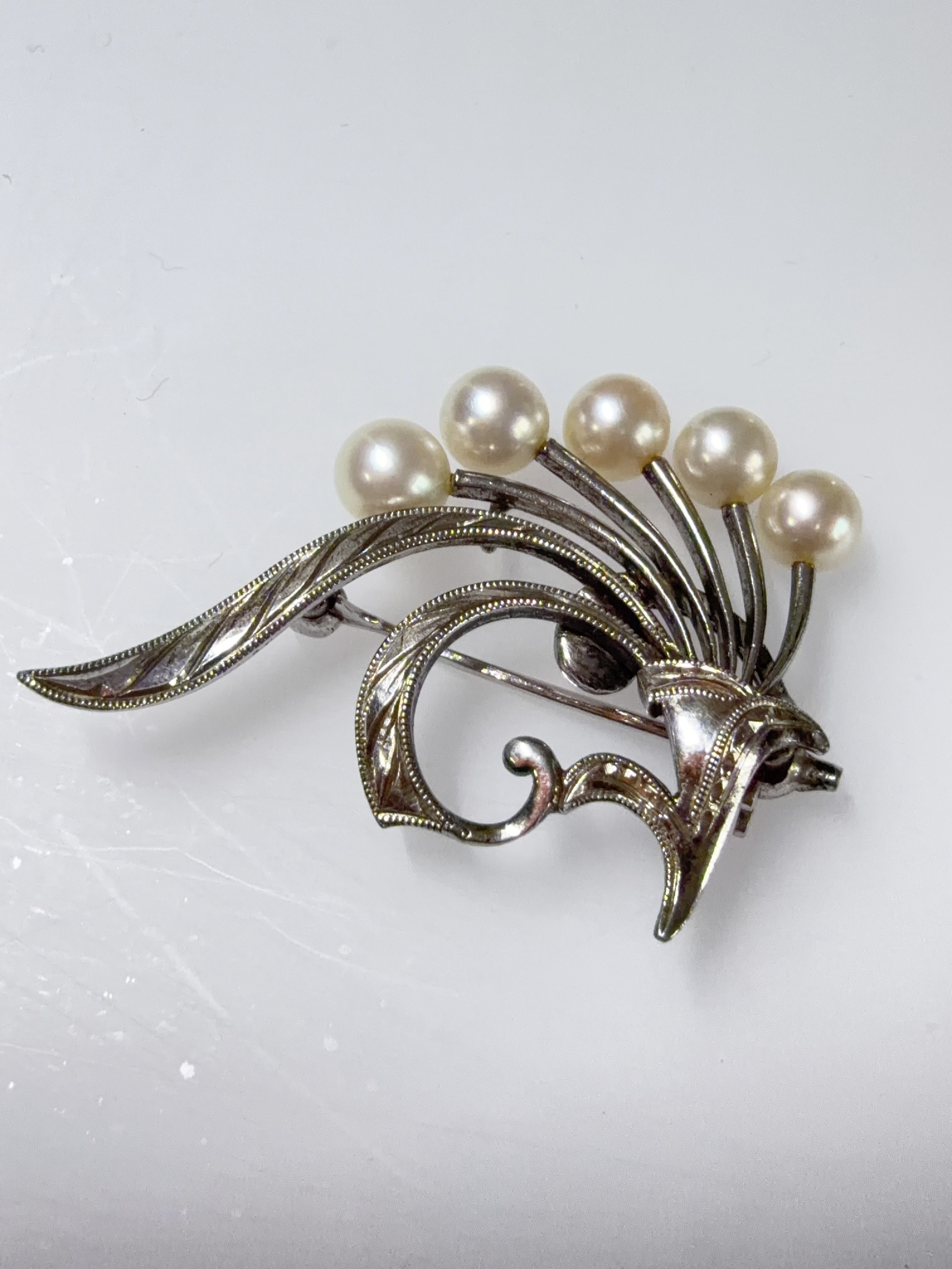 Sterling Silver and Five Pearl Foliate Spray Brooch