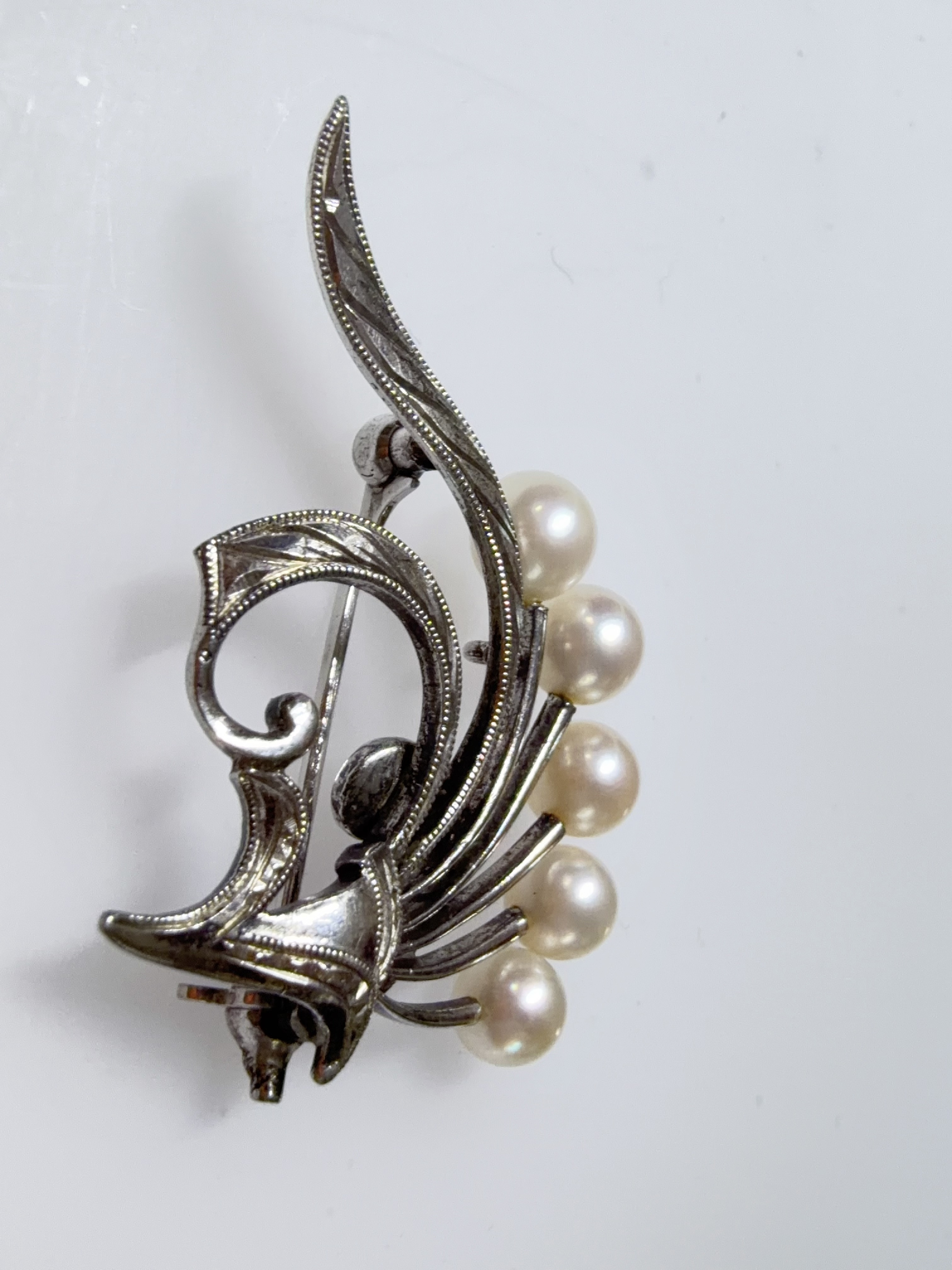 Sterling Silver and Five Pearl Foliate Spray Brooch