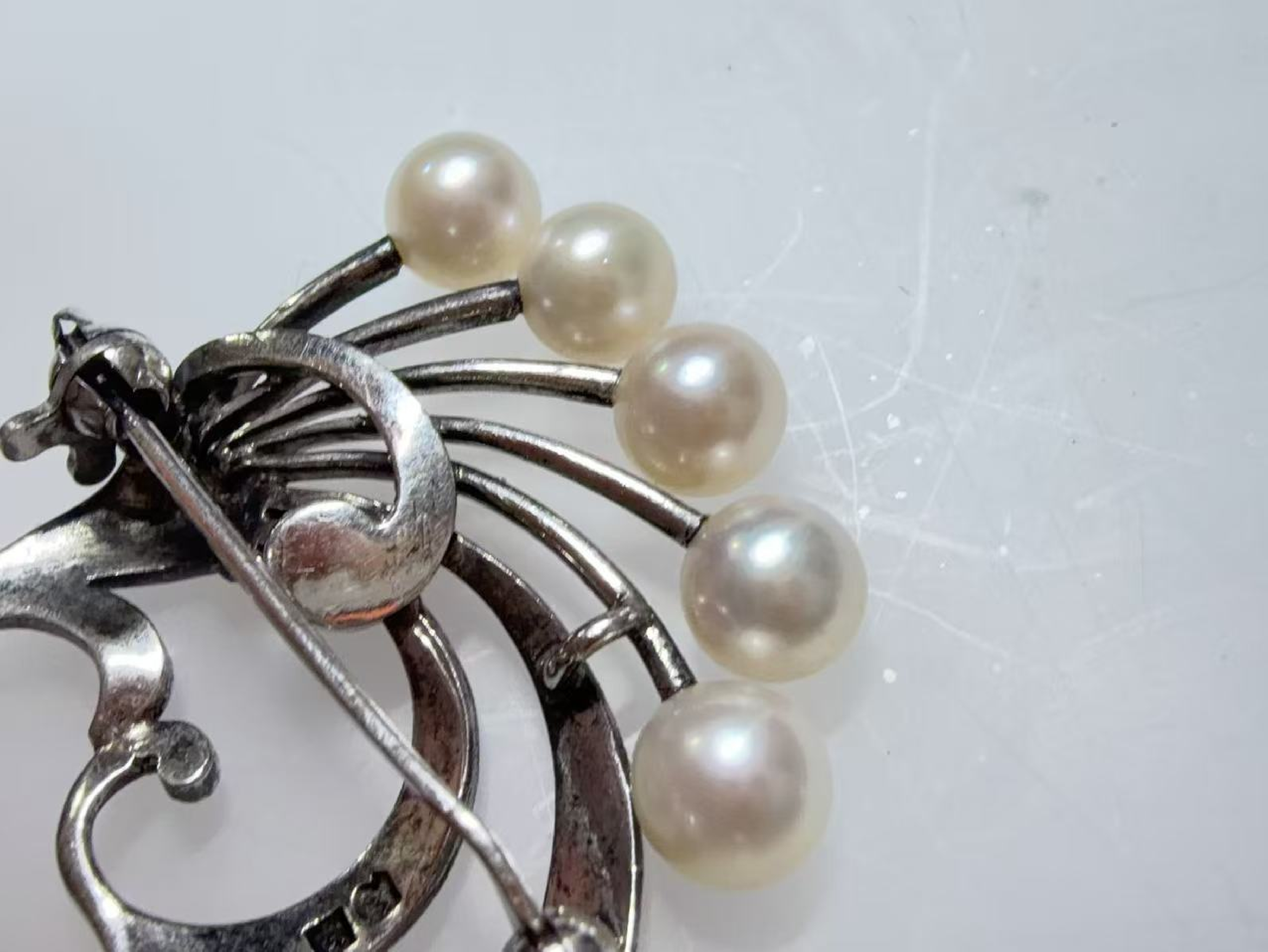 Sterling Silver and Five Pearl Foliate Spray Brooch